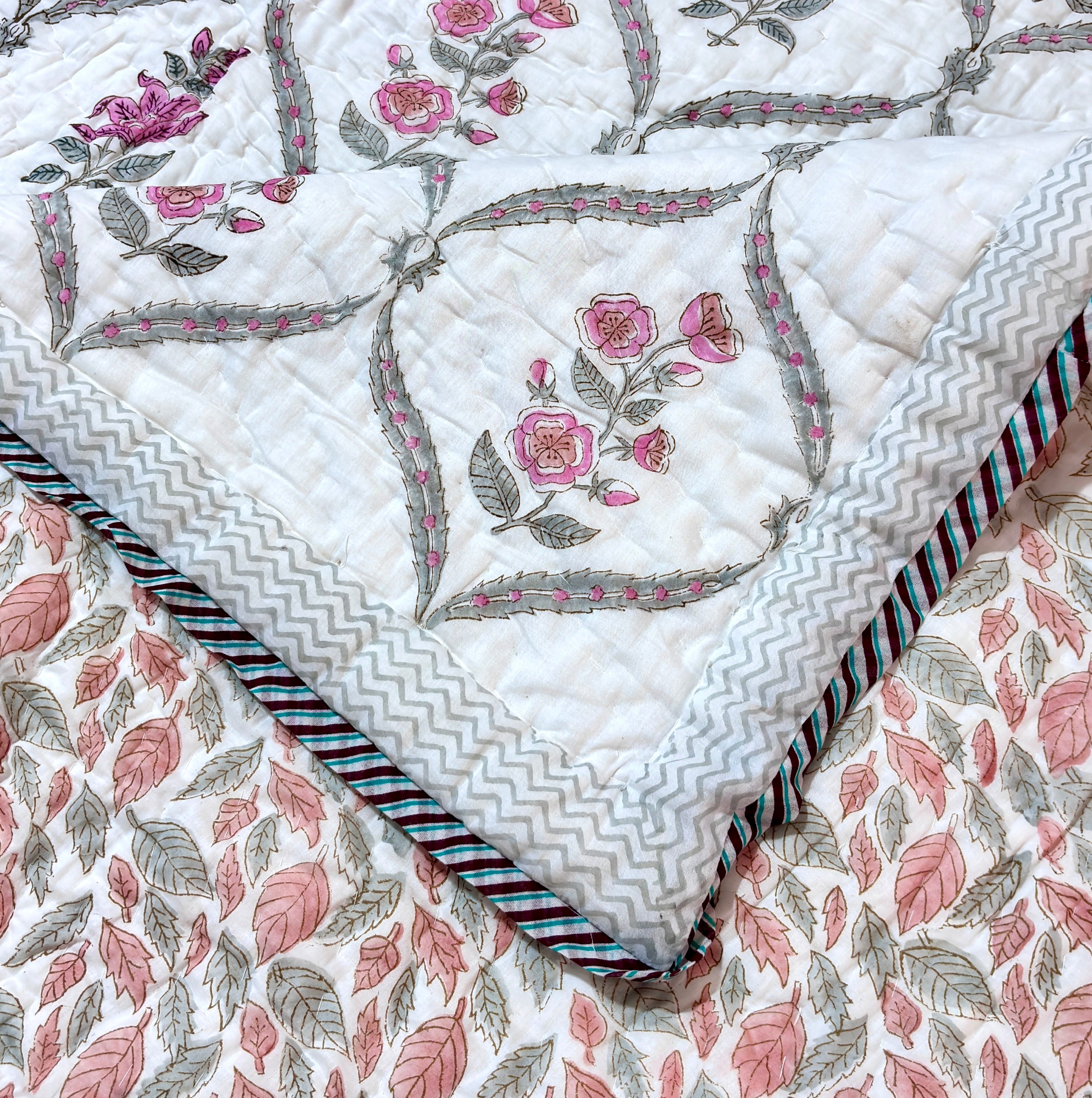 Floral Cotton Quilt | Pink Rose & Leaf Printed Bed Quilt | Traditional Indian Cotton Bedspread | Handmade Bedding