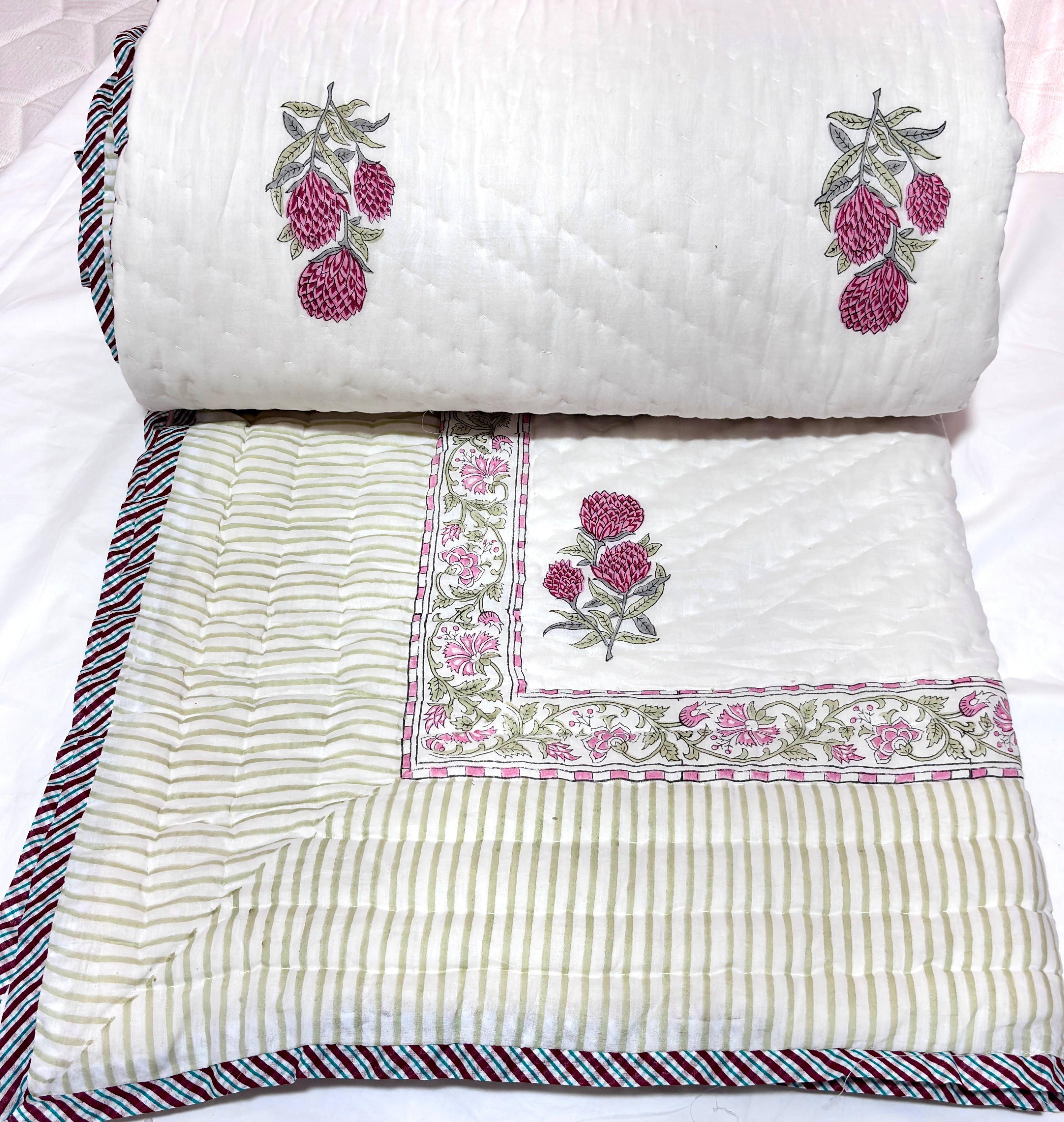 White Floral Cotton Quilt  Queen Size | Printed Botanical Quilted Bedspread | Soft Lightweight Bed Cover for Bedroom Decor