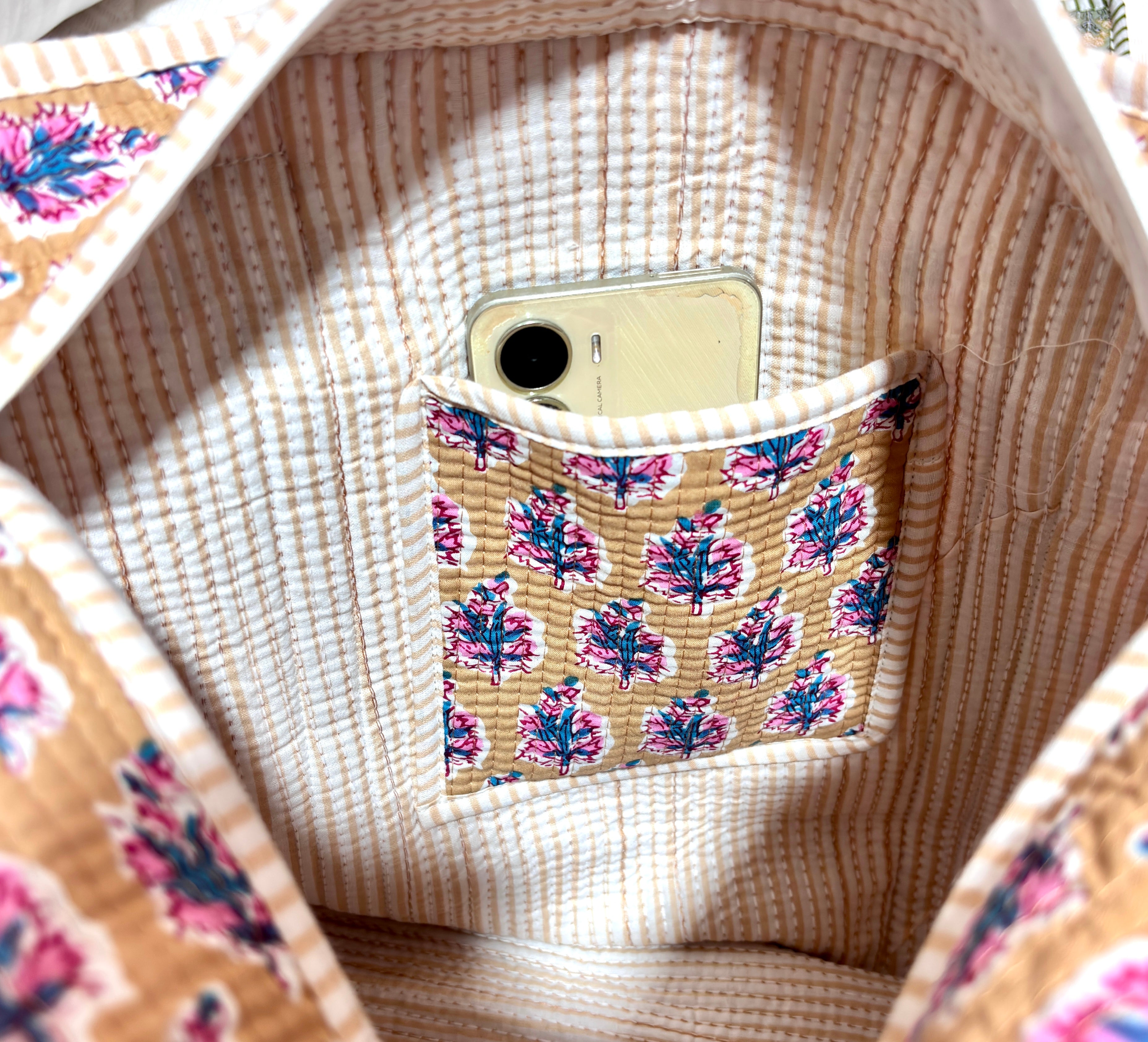 Mustard Floral Print Tote Bag Set | Purple Blue Flower Cotton Bags | Hand Block Printed Reusable Shopping Bags