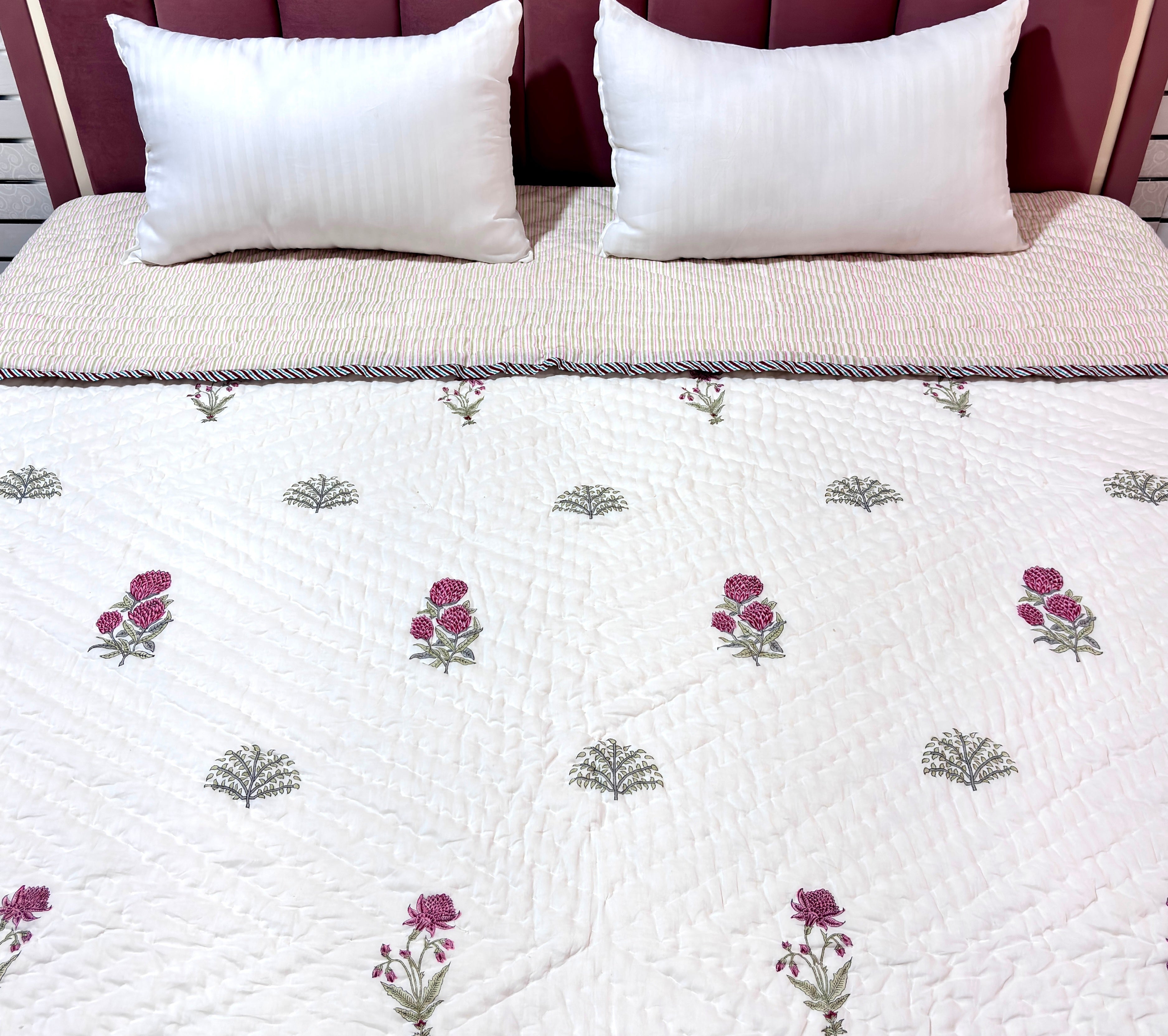 White Floral Cotton Quilt  Queen Size | Printed Botanical Quilted Bedspread | Soft Lightweight Bed Cover for Bedroom Decor