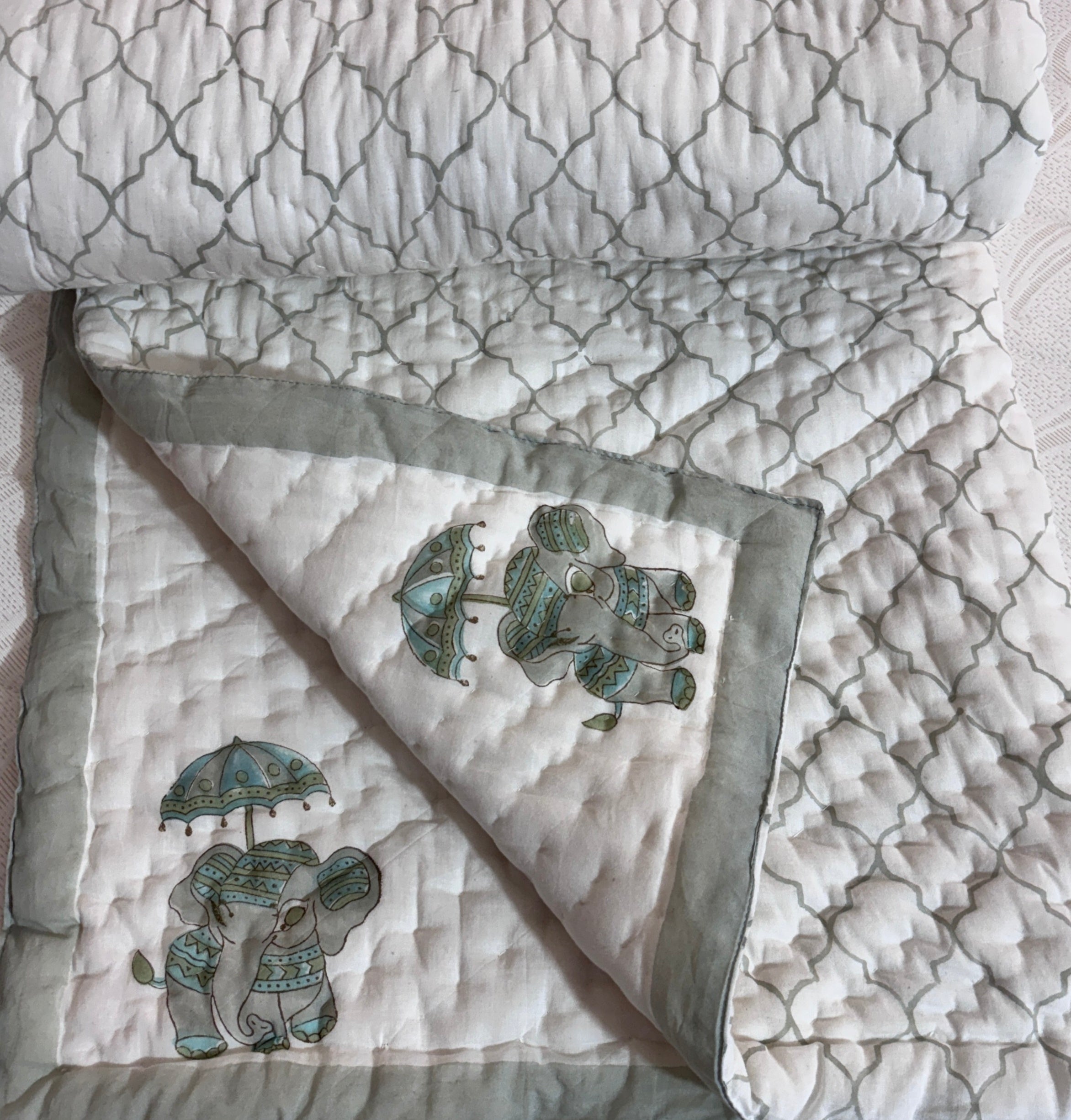 Hand Block Printed Baby Quilt | Elephant & Unicorn Cotton Baby Quilt | Handmade Reversible Baby Blanket | Soft Nursery Bedding | Toddler Quilt