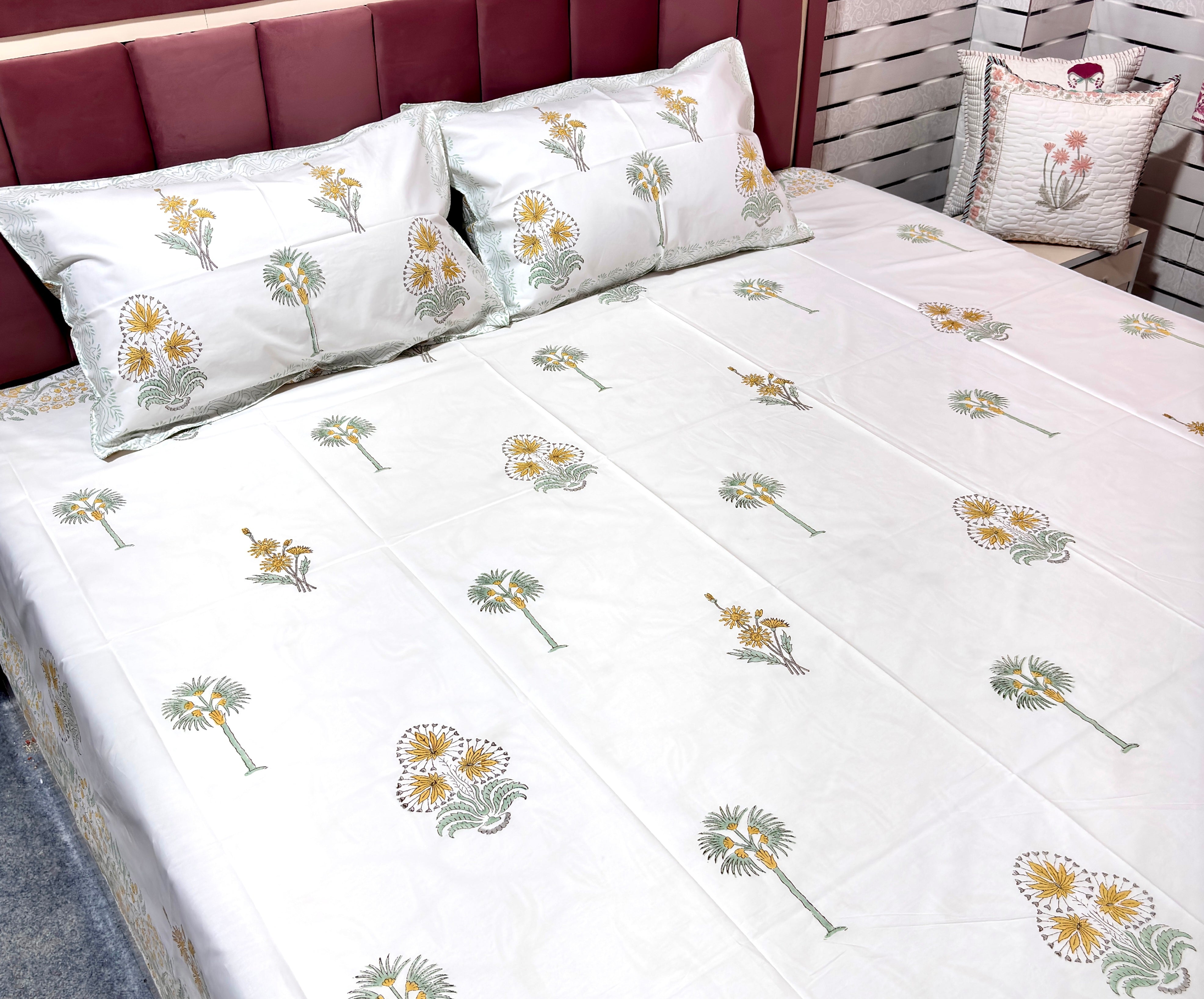 Yellow floral handblock printed king size bedsheet