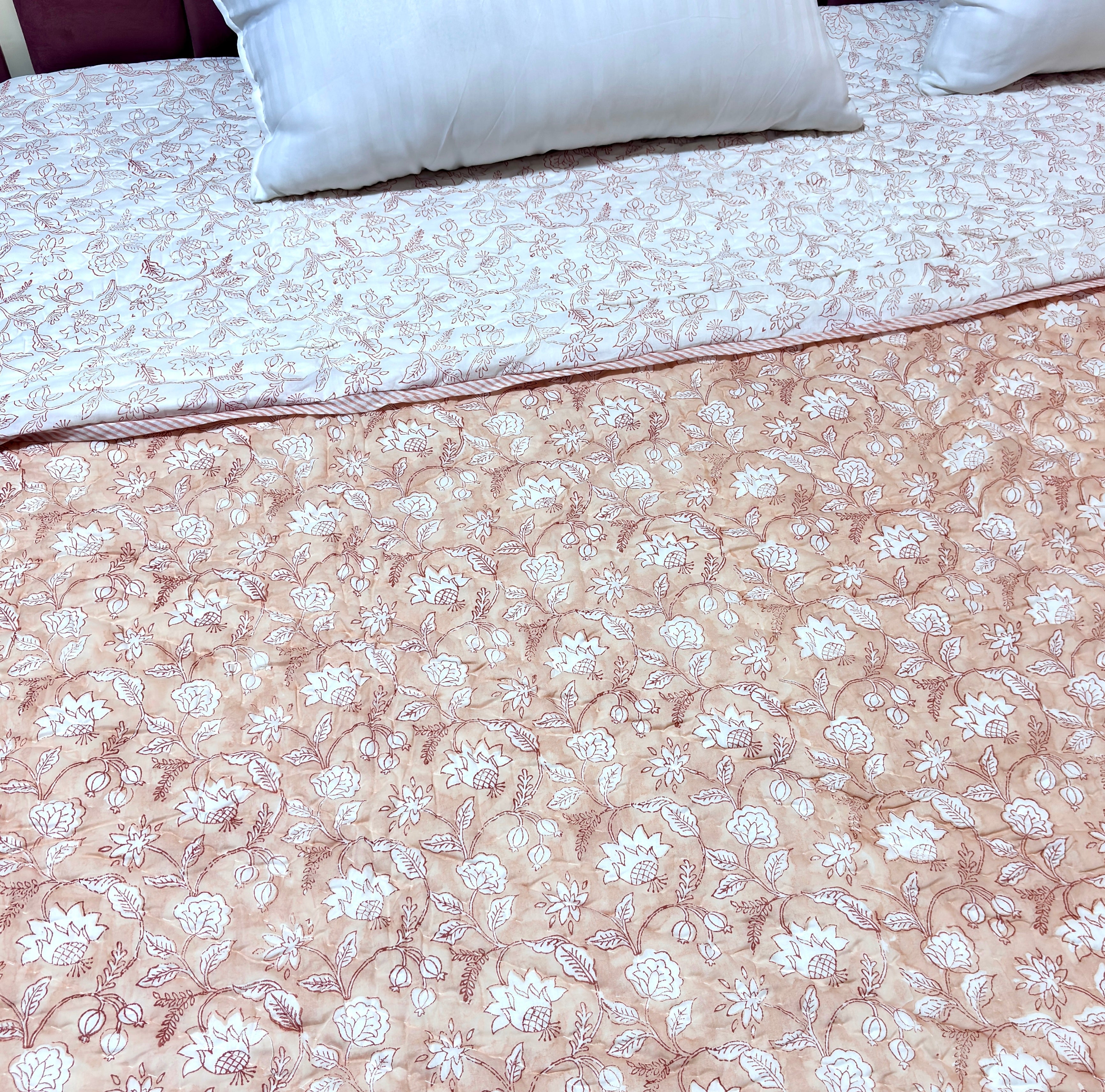Peach Floral Cotton Quilt | Hand Block Printed Flower Quilt | Soft Indian Cotton Bedspread | Handmade Bedding
