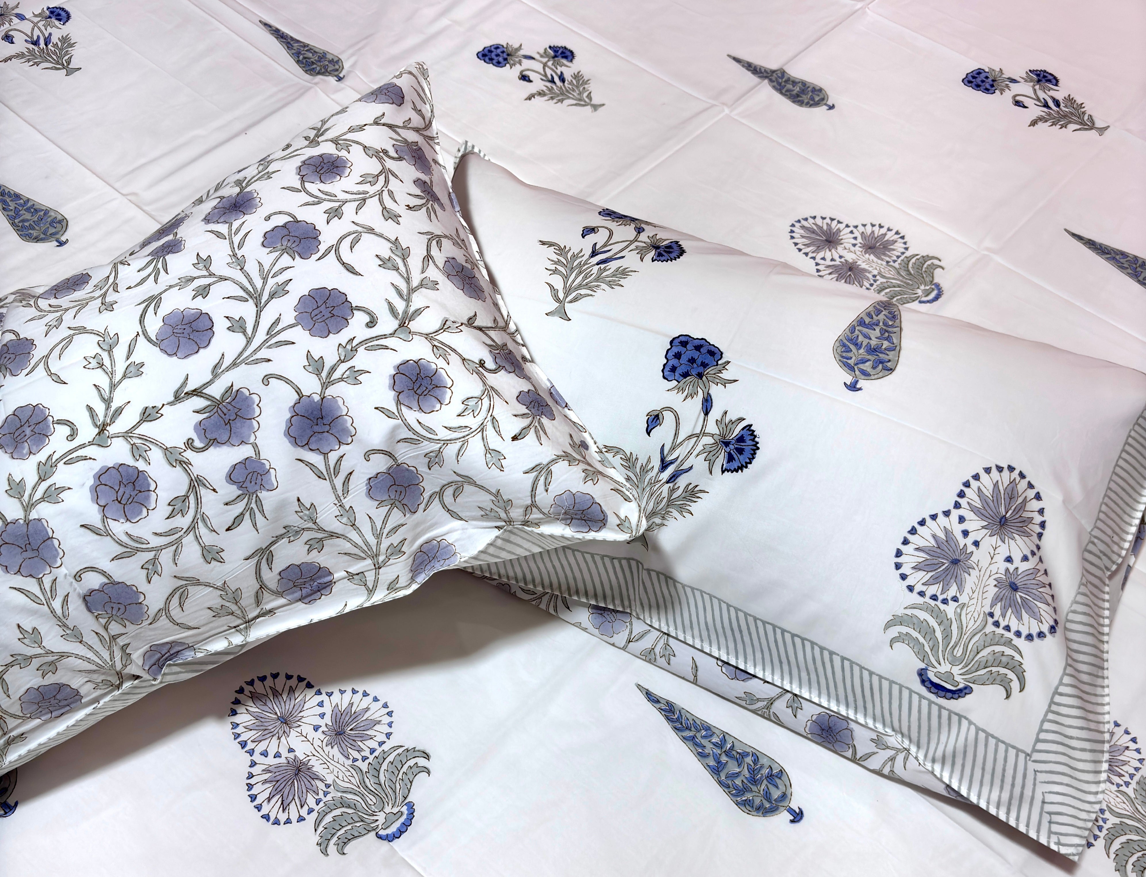 Hand Block Print Cotton Bedsheet Queen Size, Blue Floral Bedding Set, Handmade Indian Bed Linen, Luxury Bedroom Decor