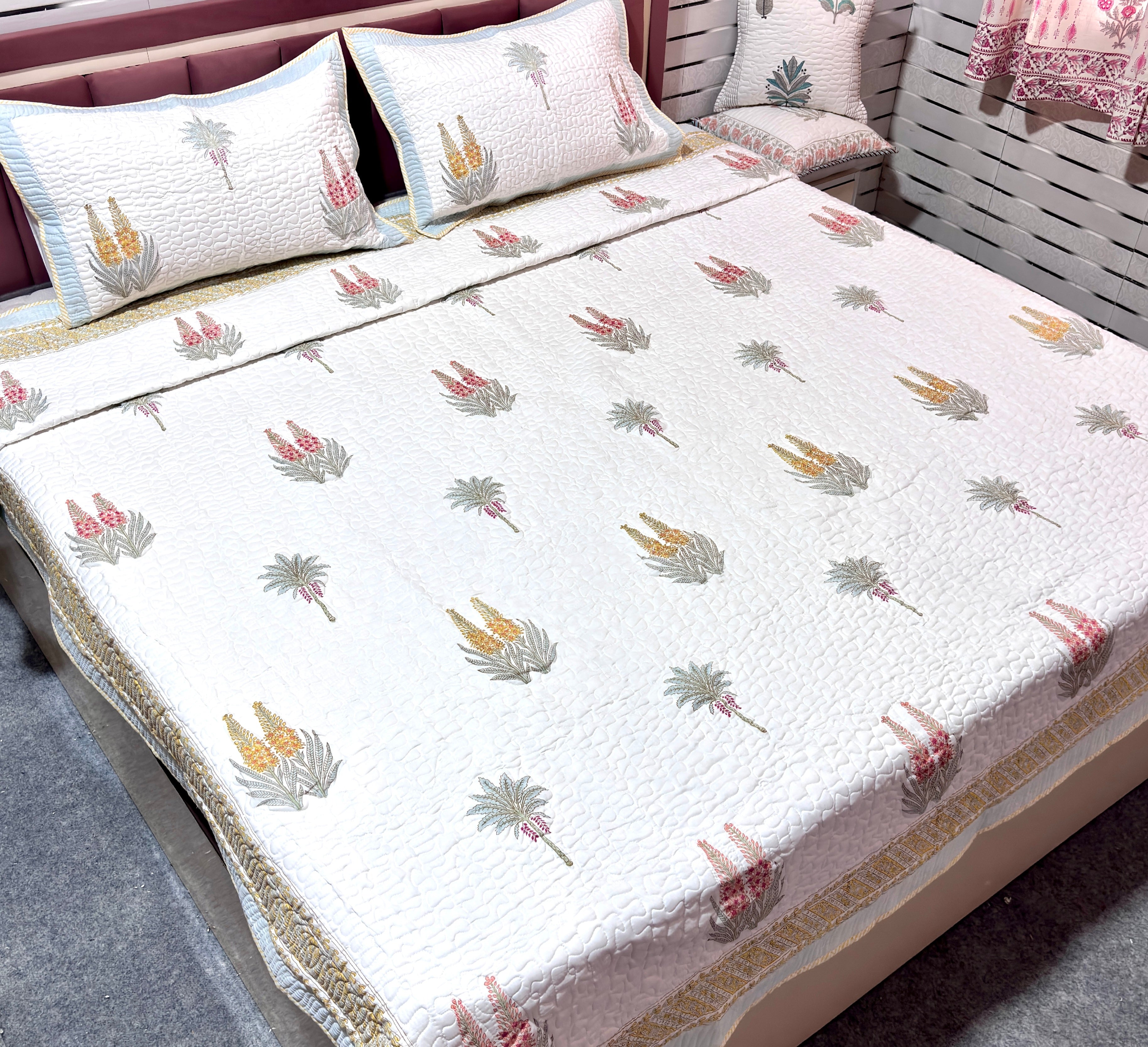 Hand Block Print Cotton Bedcover, Floral Quilted Bedspread, Handmade Indian Bedding, Lightweight Decorative Bed Cover