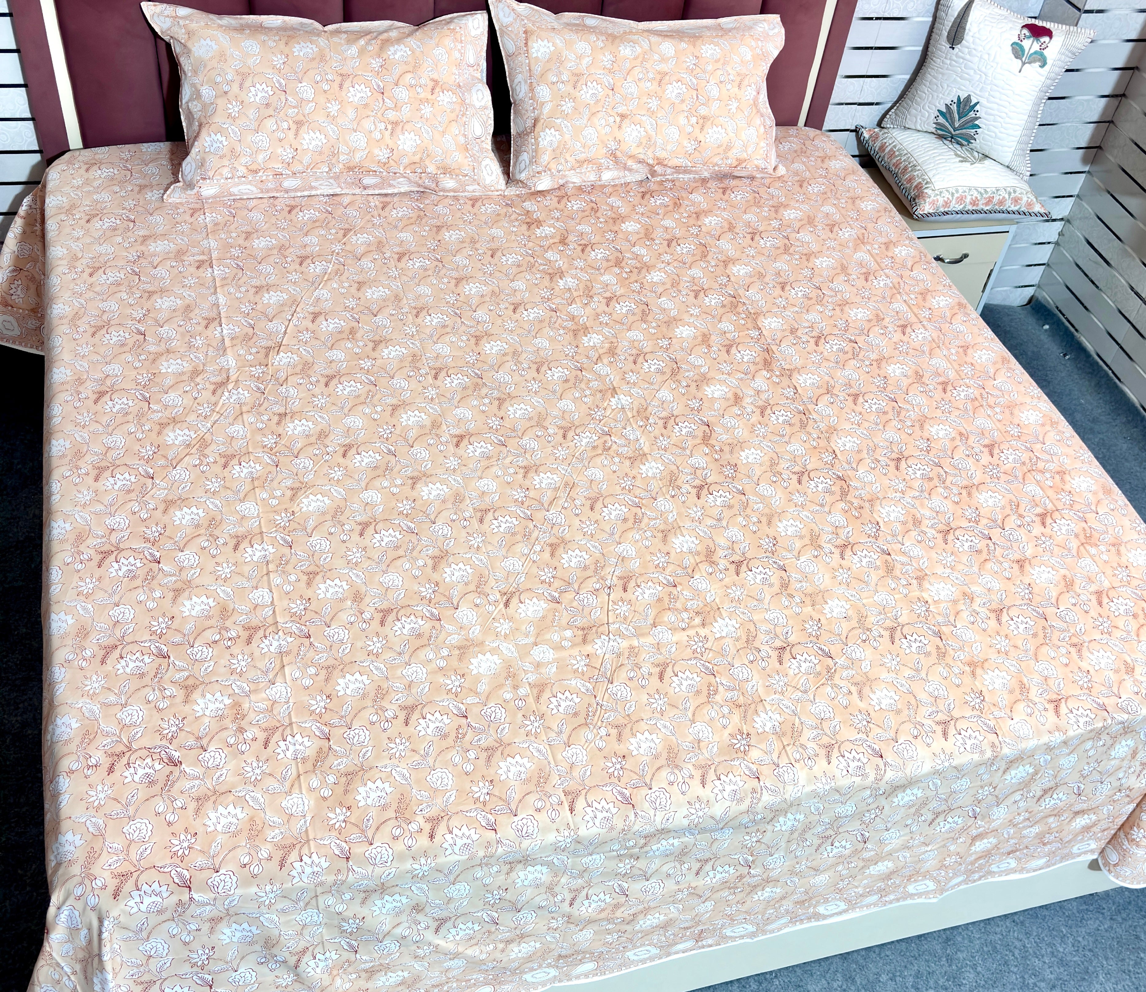 Floral Hand Block Print Cotton Bedsheet King Size | Peach Beige Bedding Set with Pillow Covers | Jaipur Handmade Bedsheet