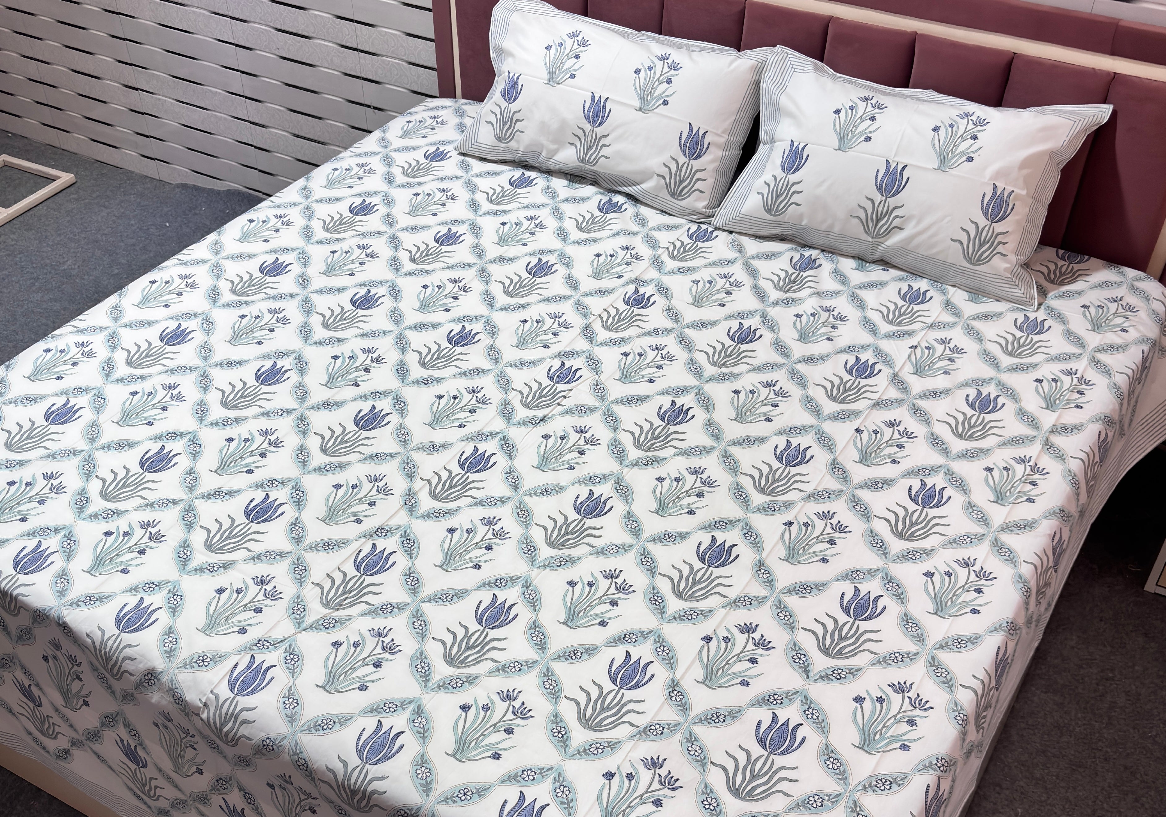 Blue floral handblock printed cotton bedsheet