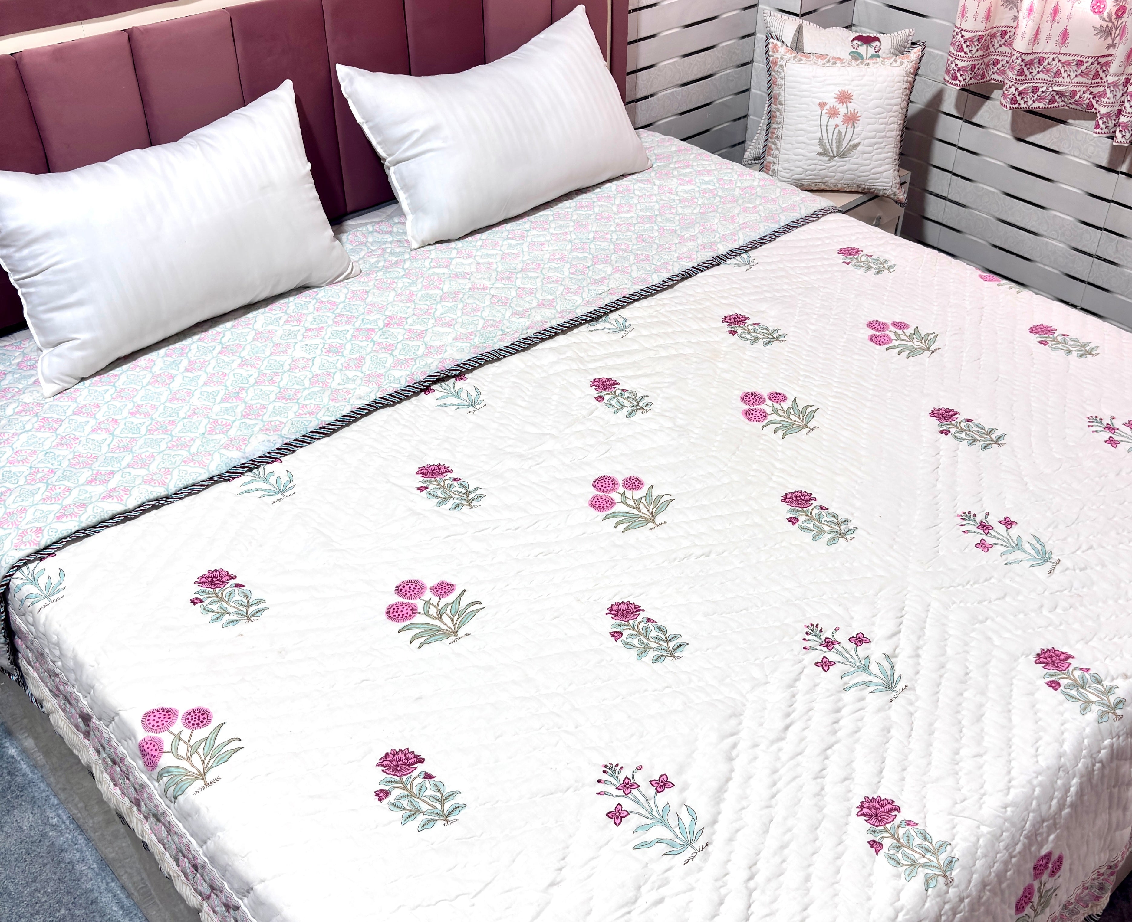 Pink White Floral Cotton Quilt | Quilted Bedspread | Hand Block Printed Handmade Quilt | Soft Lightweight Quilt