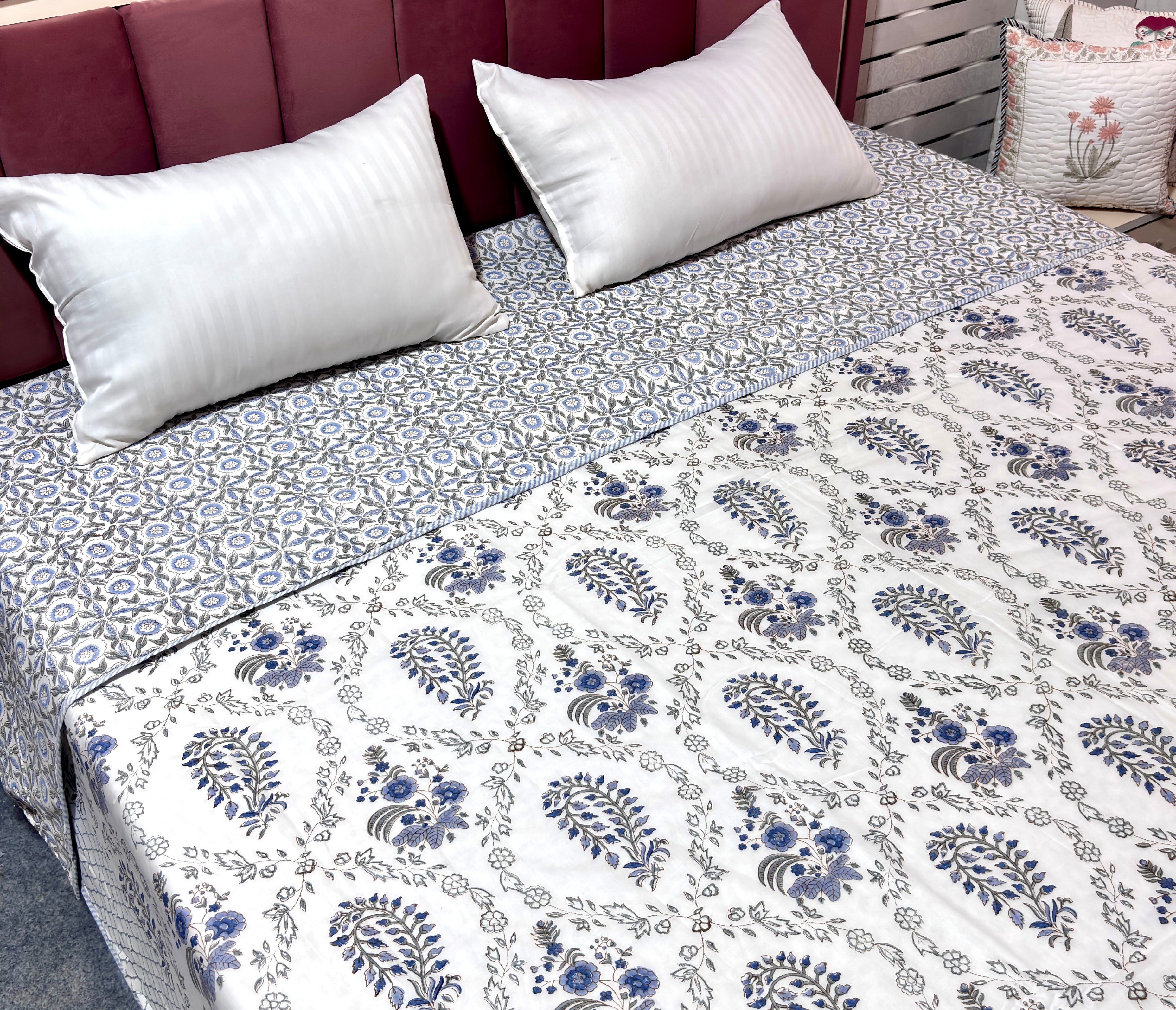 Hand Block Printed Cotton Dohar | Reversible Soft Summer Dohar | Blue Floral Jaipuri Dohar | Lightweight AC Blanket | Handmade Cotton Bedding