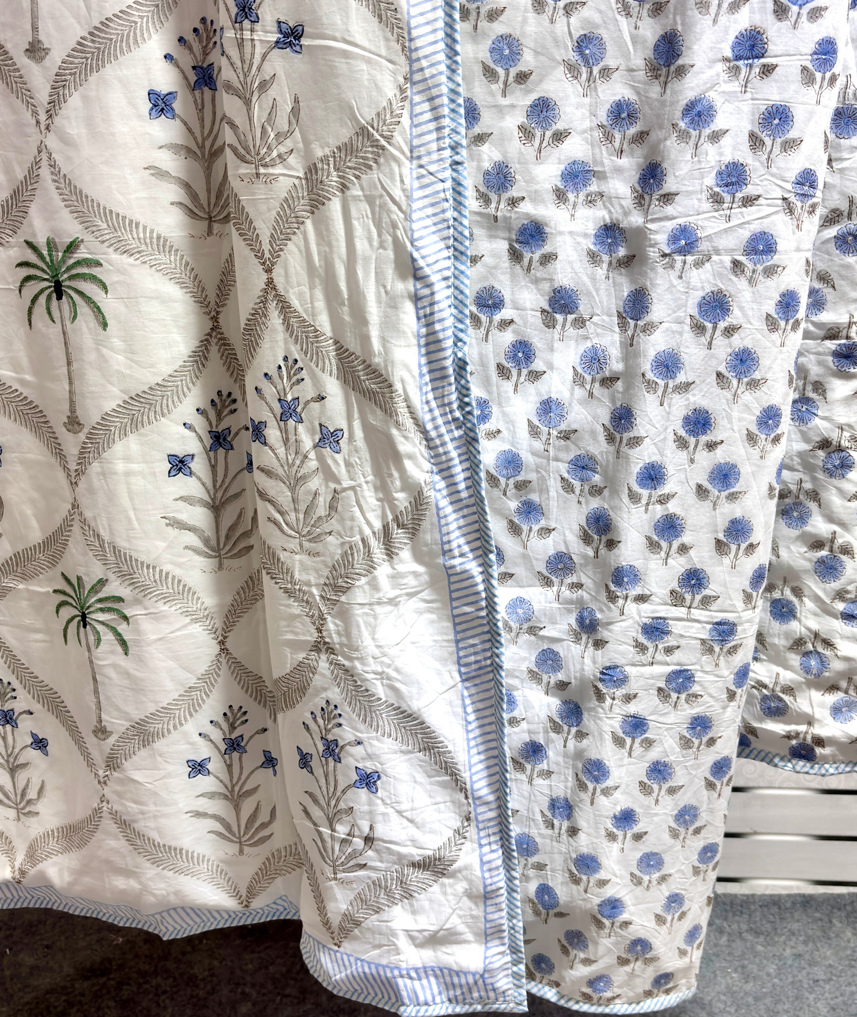 White Blue Floral Cotton Dohar | Hand Block Printed Jaipuri Dohar | Soft Lightweight Summer AC Blanket | Handmade Cotton Bedding