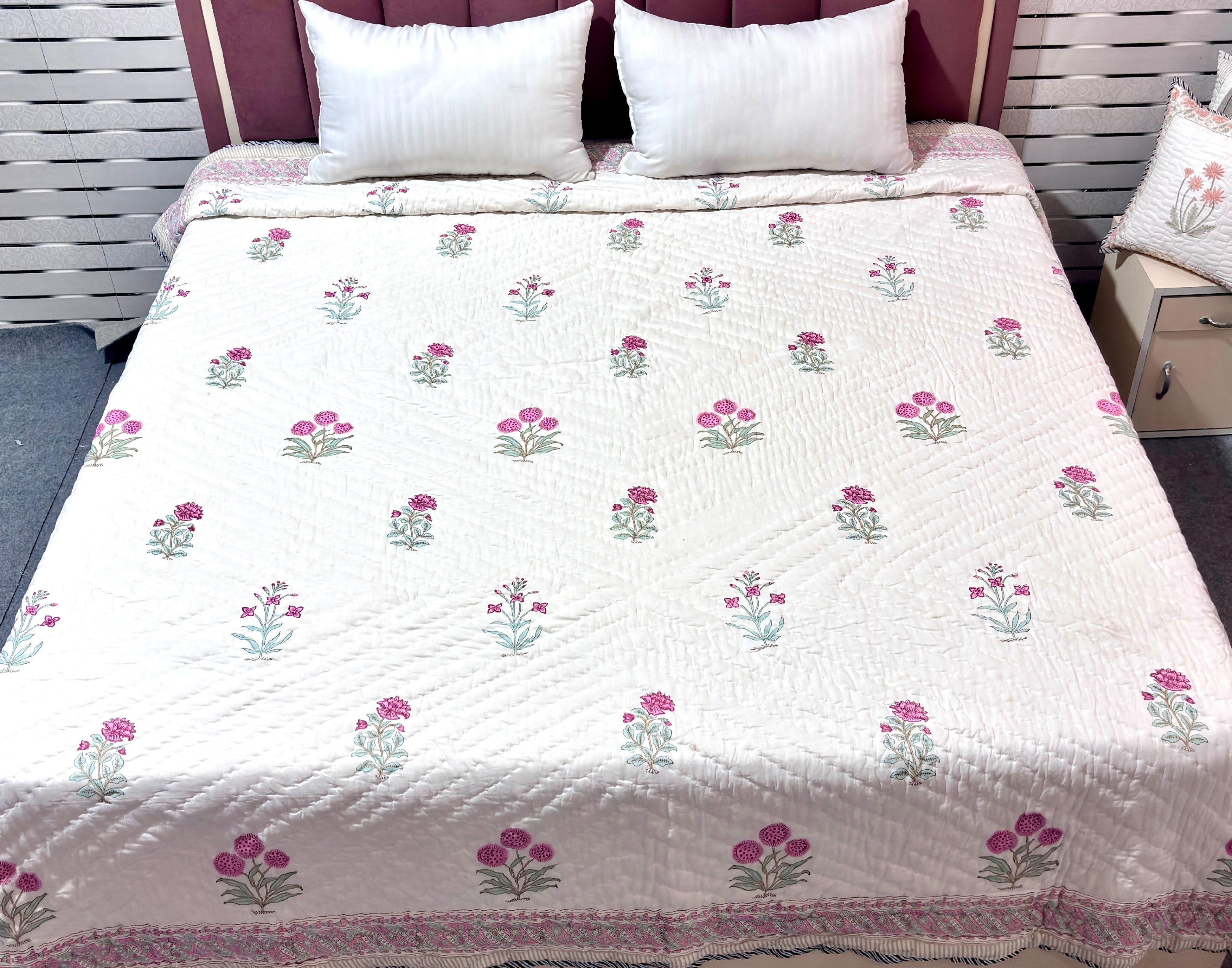 Pink White Floral Cotton Quilt | Quilted Bedspread | Hand Block Printed Handmade Quilt | Soft Lightweight Quilt