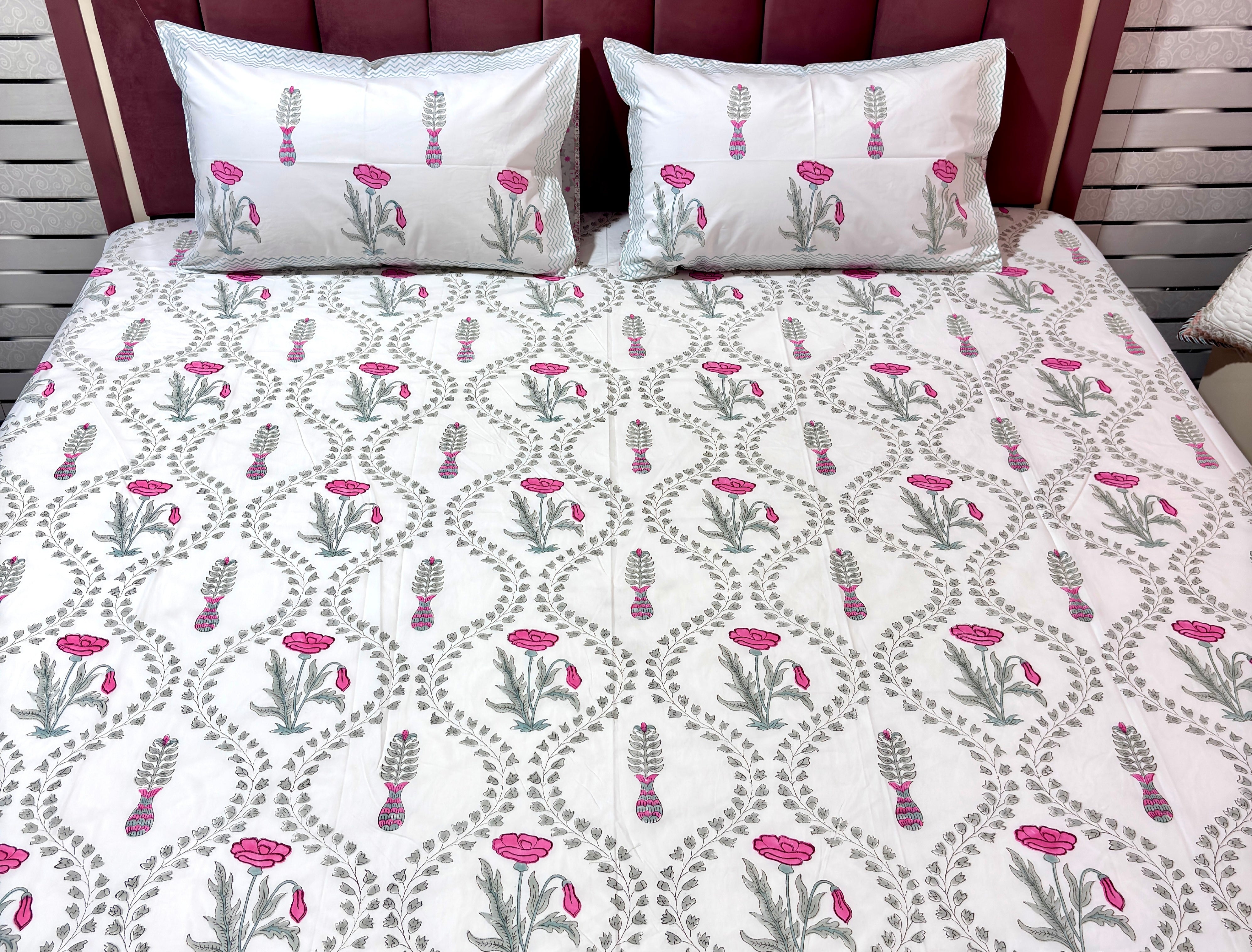 Hand Block Printed Cotton Bedsheet | Floral Pink & Grey Double Bedsheet | 108 x 108 Inch