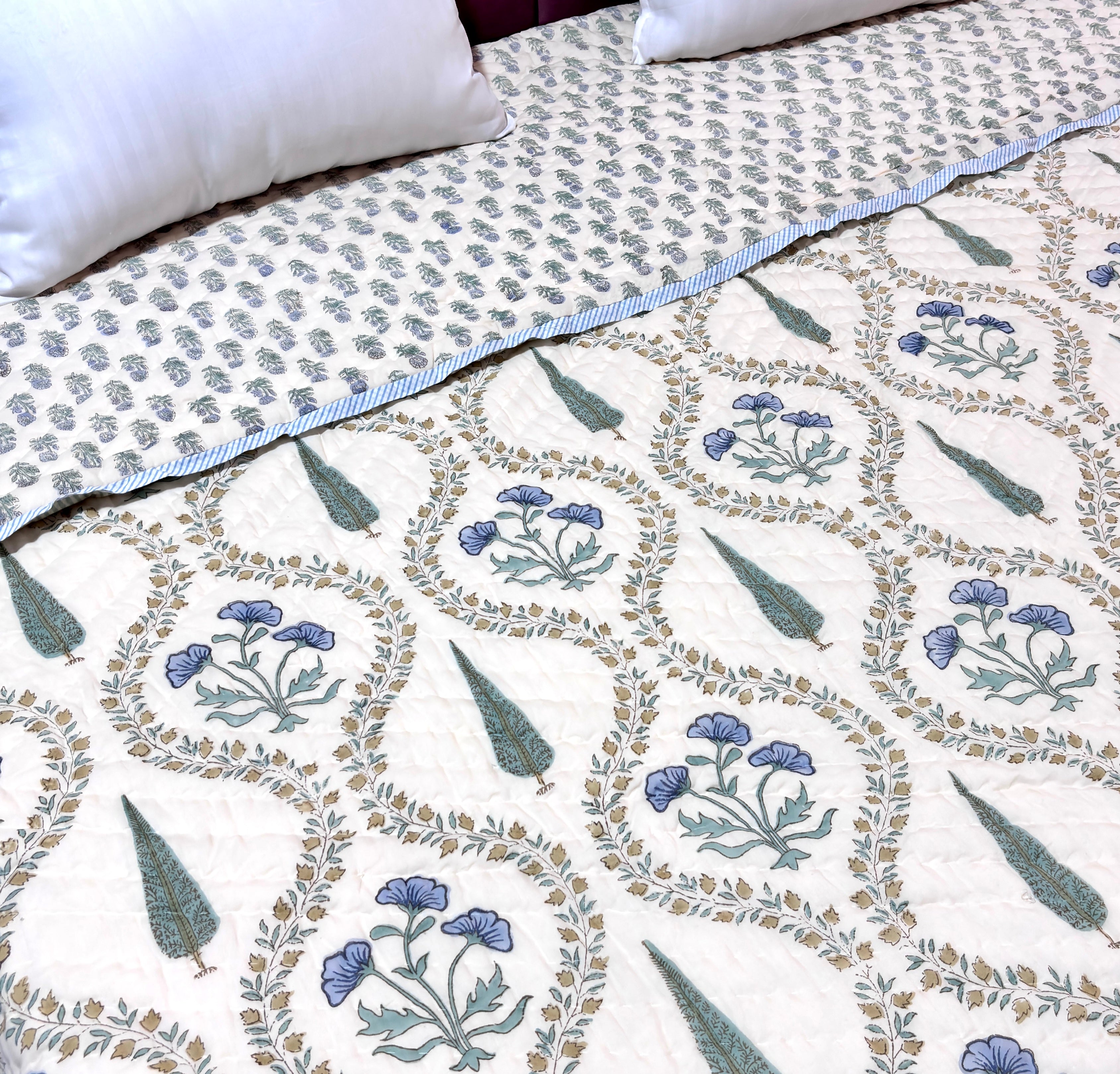 Blue Floral Cotton Quilt | Traditional Indian Flower Print Bed Quilt | Soft Cotton Bedspread | Handmade Bedding