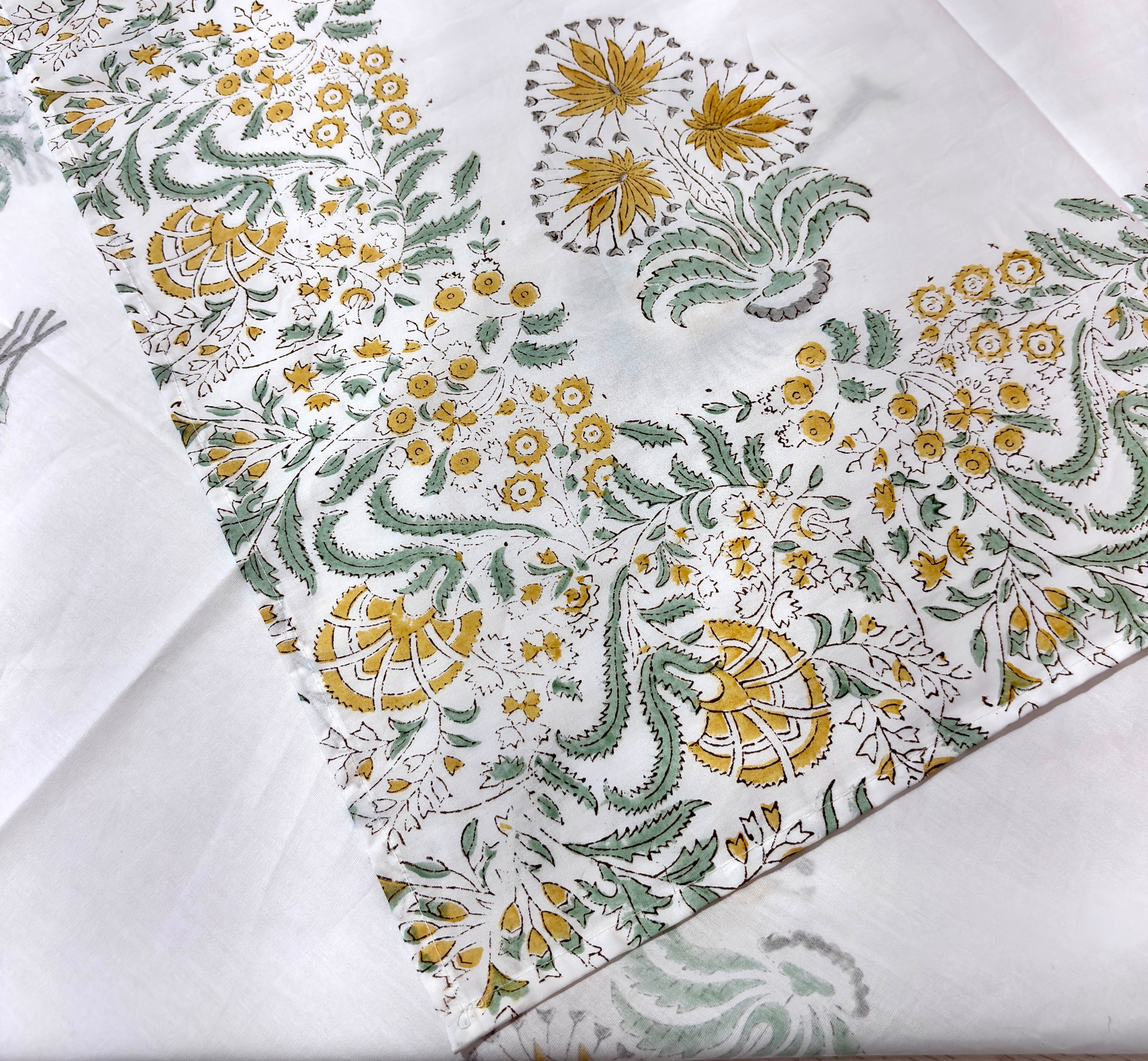 Yellow floral handblock printed king size bedsheet
