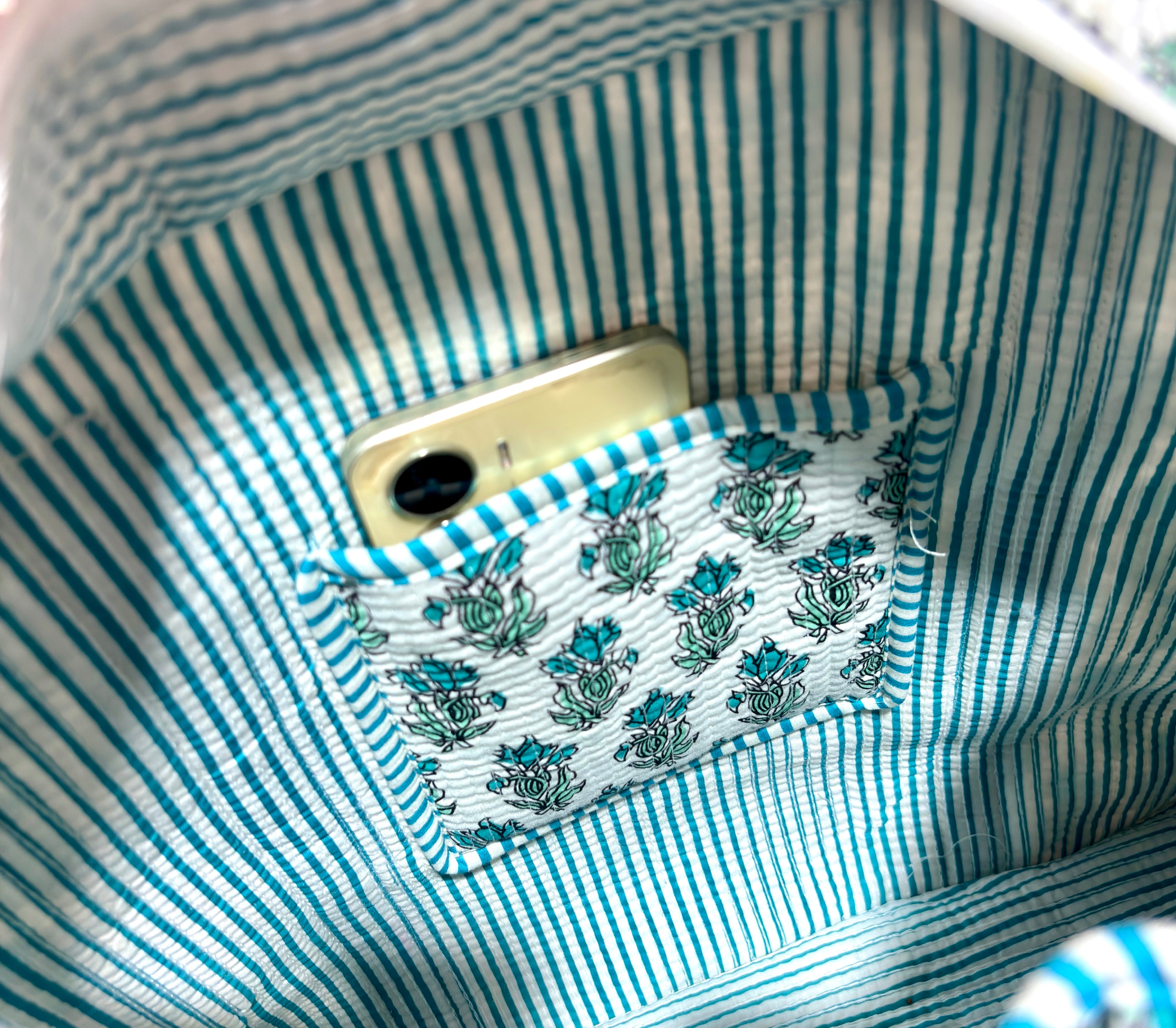 # Light Green Blue Floral Print Tote Bag | Cotton Hand Block Printed Reusable Shopping Bag | Handmade Fabric Tote