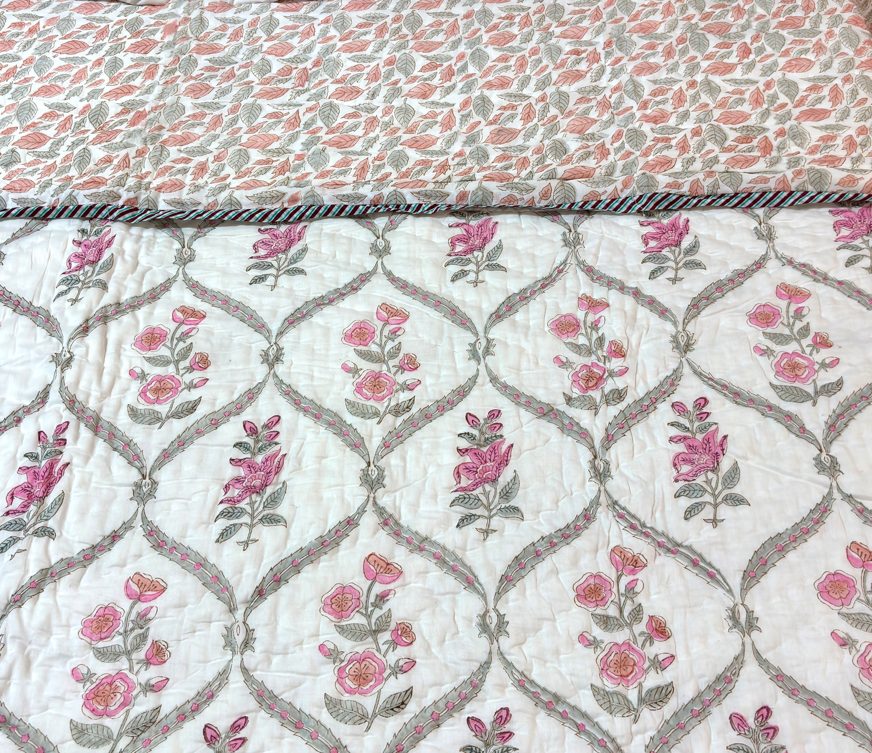 Floral Cotton Quilt | Pink Rose & Leaf Printed Bed Quilt | Traditional Indian Cotton Bedspread | Handmade Bedding