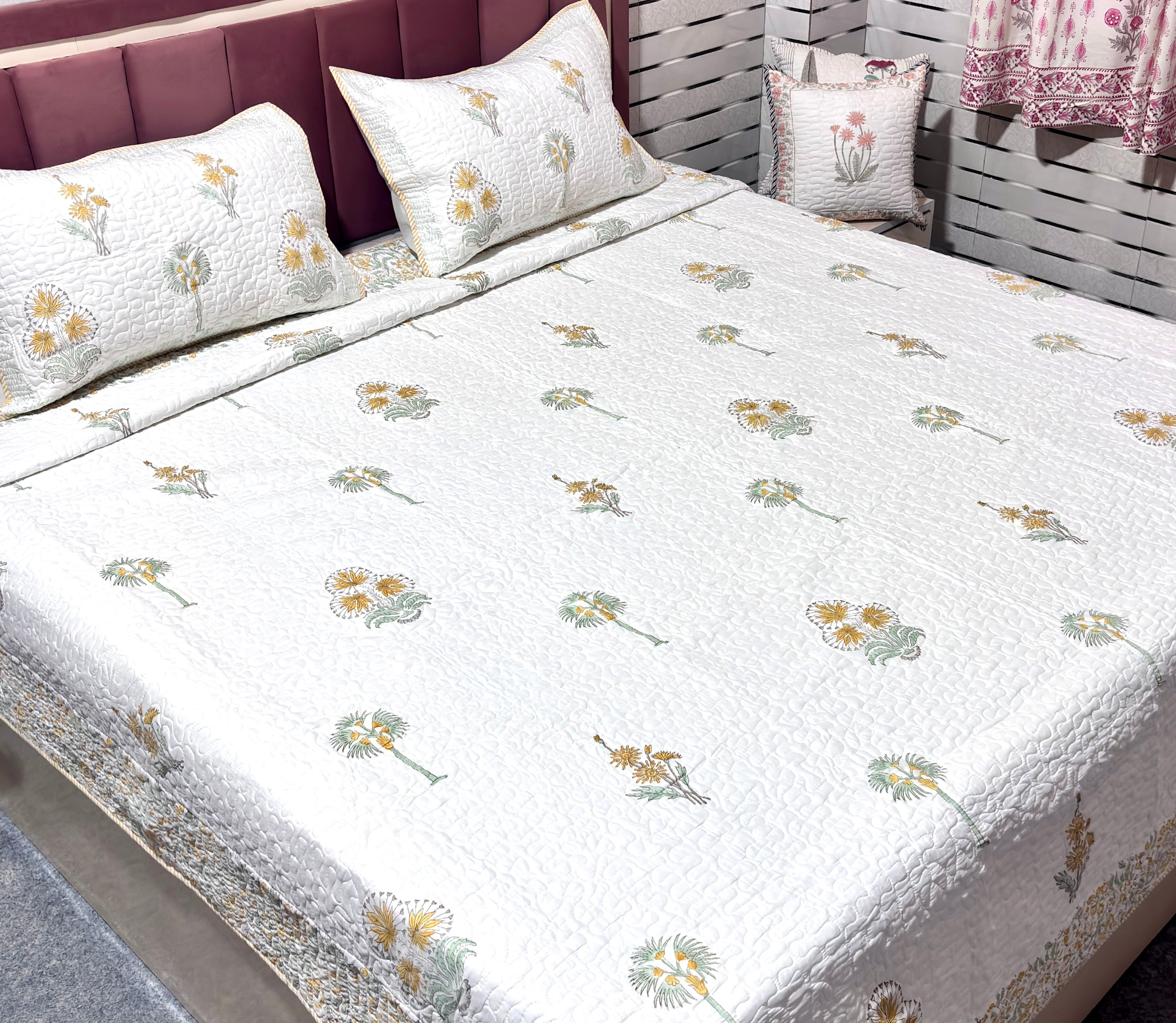 White Yellow Floral Quilted Bedcover | Cotton Bedspread | Hand Block Printed Handmade Bed Cover | Lightweight Floral Bedding