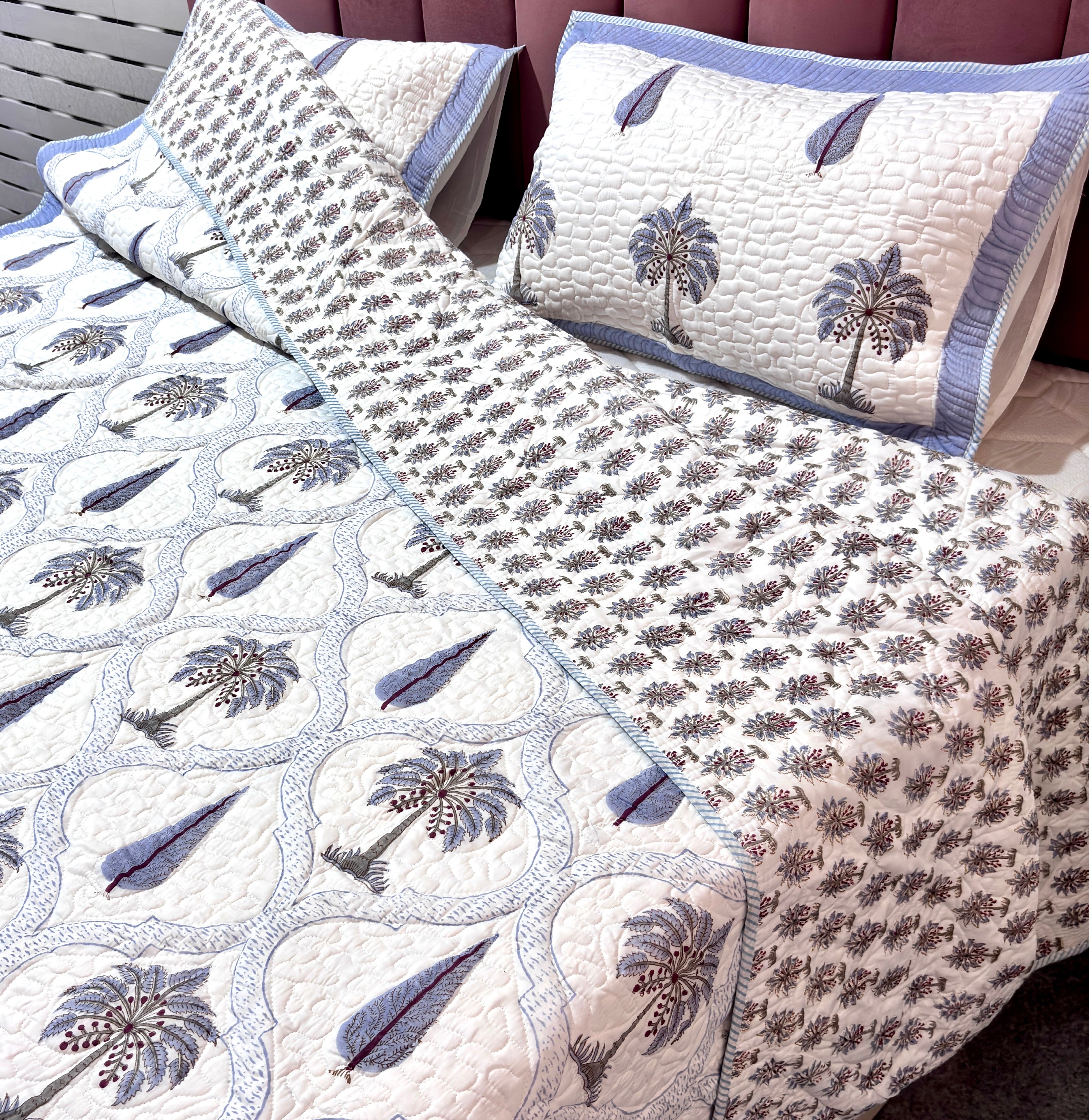 White Blue Palm Tree Quilted Bedcover | Cotton Bedspread | Hand Block Printed Handmade Bed Cover | Paisley Floral Bedding