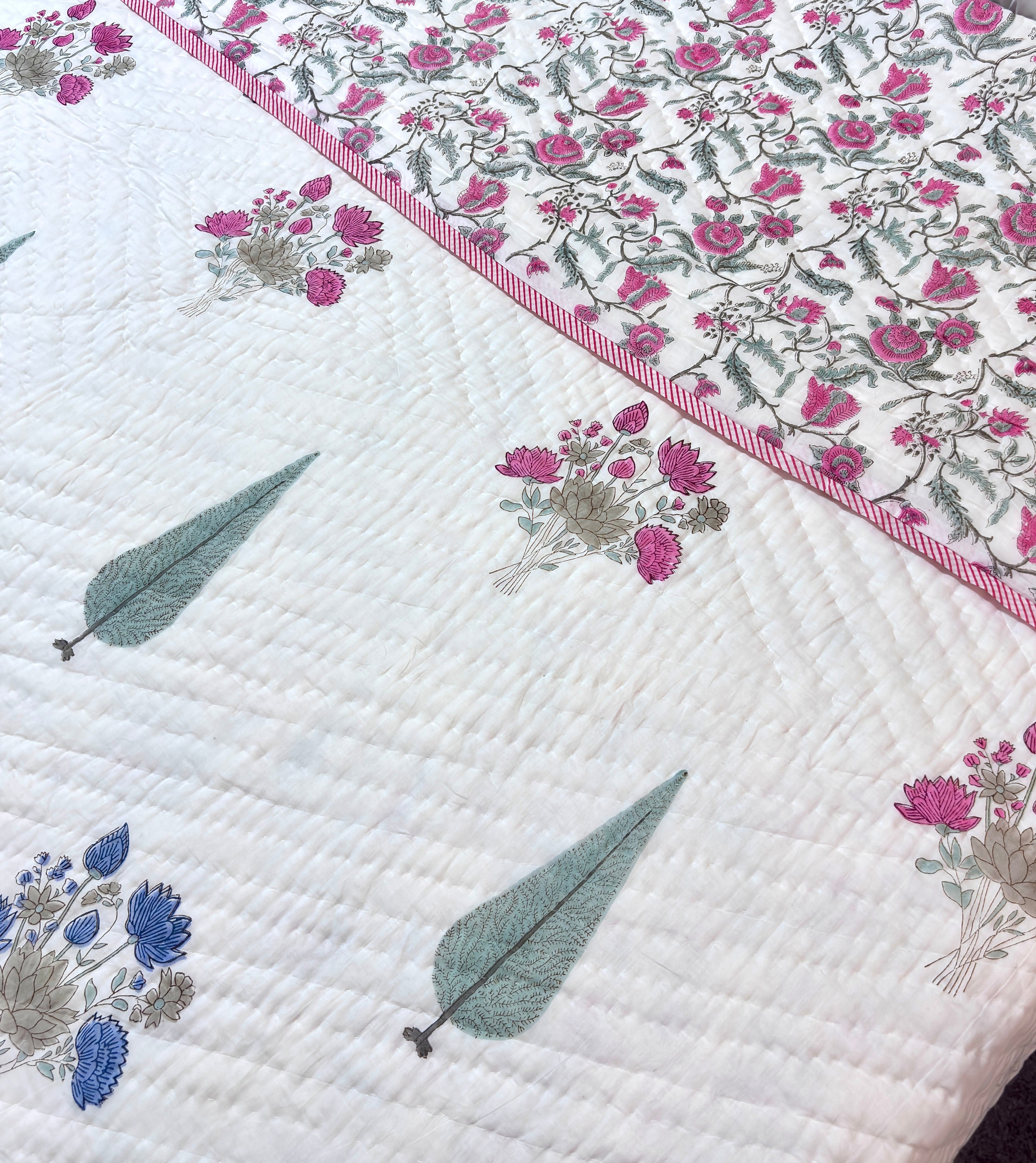 Hand Block Printed Cotton Quilt | Pink Floral Reversible Bedspread | Handmade Indian Quilt | Lightweight Queen & King Size Bedding | All Season Quilt