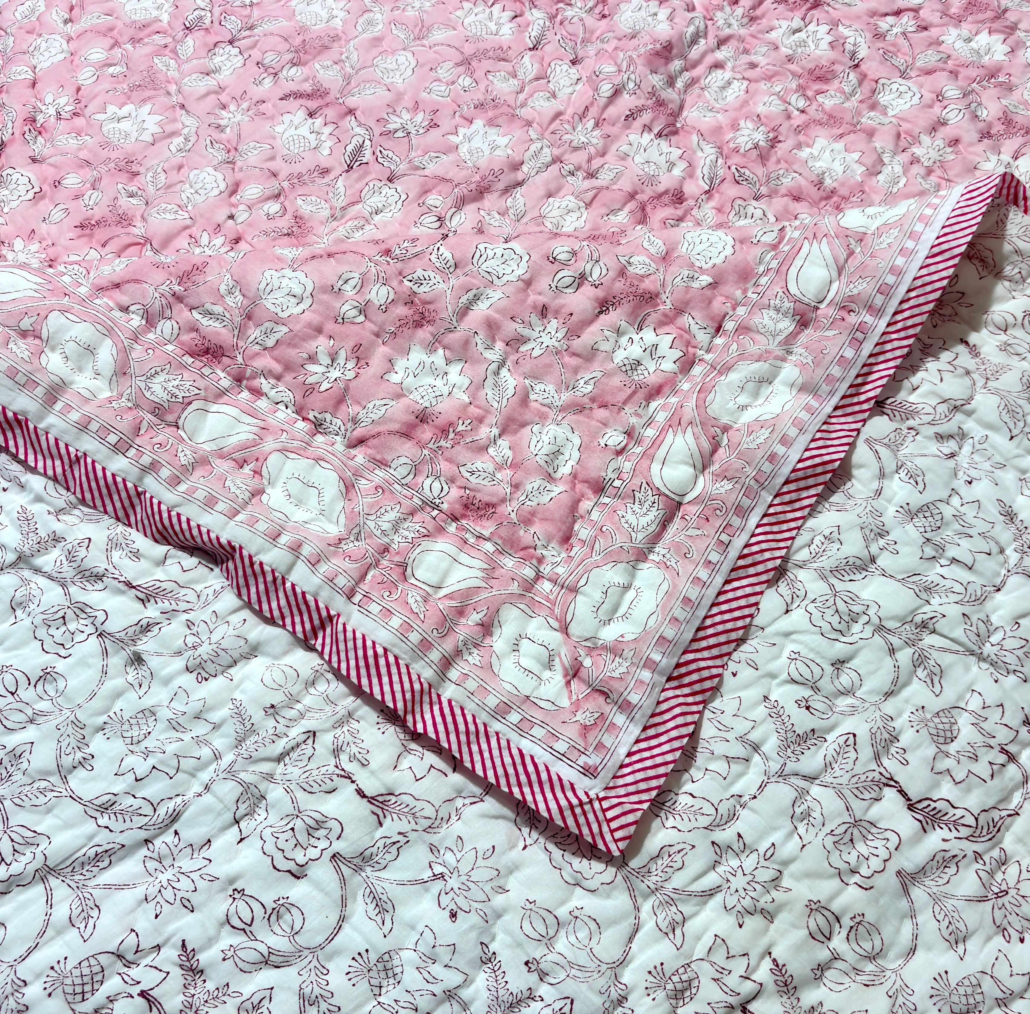 Pink White Floral Cotton Quilt | Quilted Bedspread | Hand Block Printed Handmade Quilt | Soft Lightweight Summer Bedding