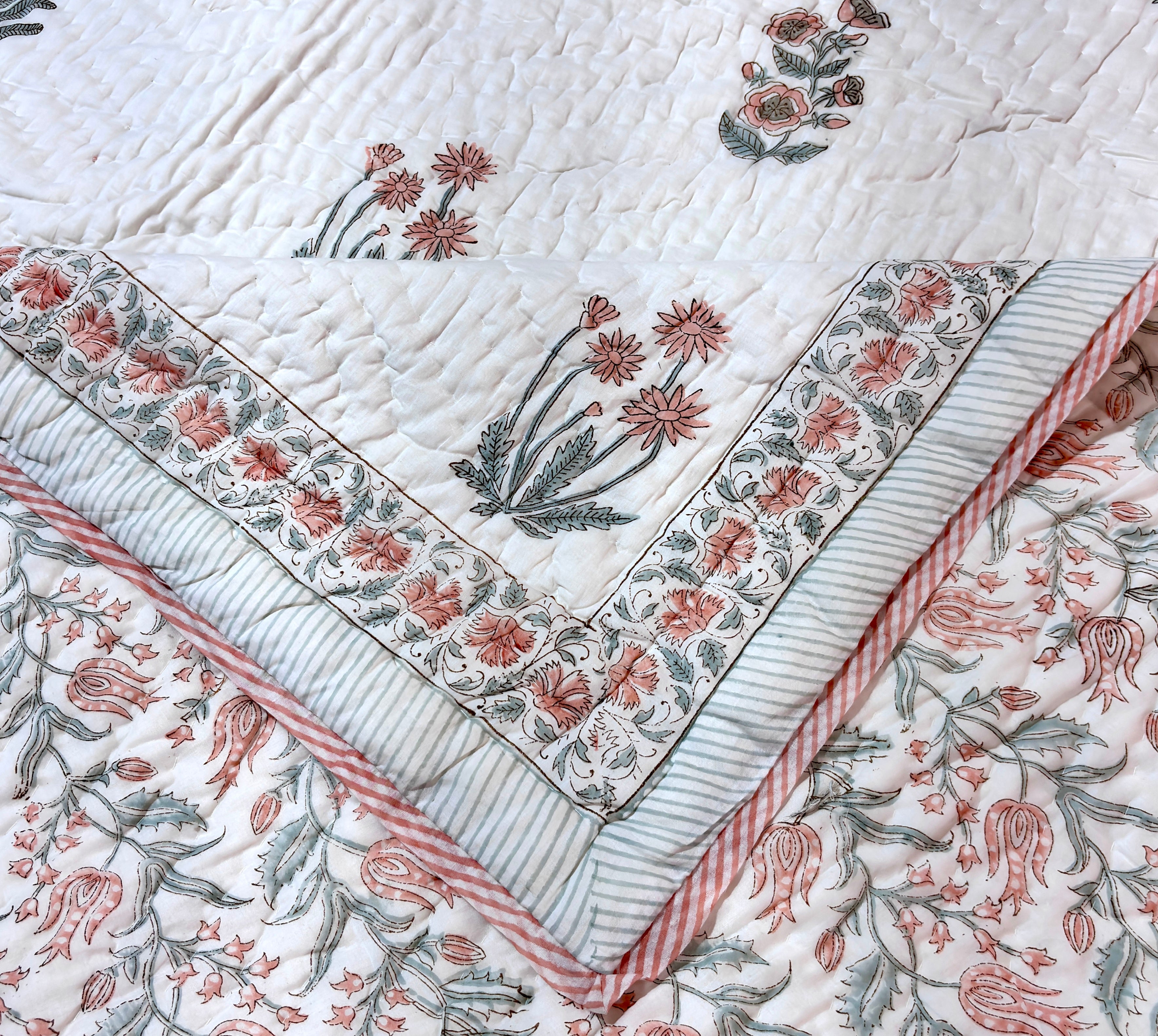 Floral Hand Block Printed Cotton Quilt | White Peach Flower Bed Quilt | Handmade Indian Cotton Bedspread