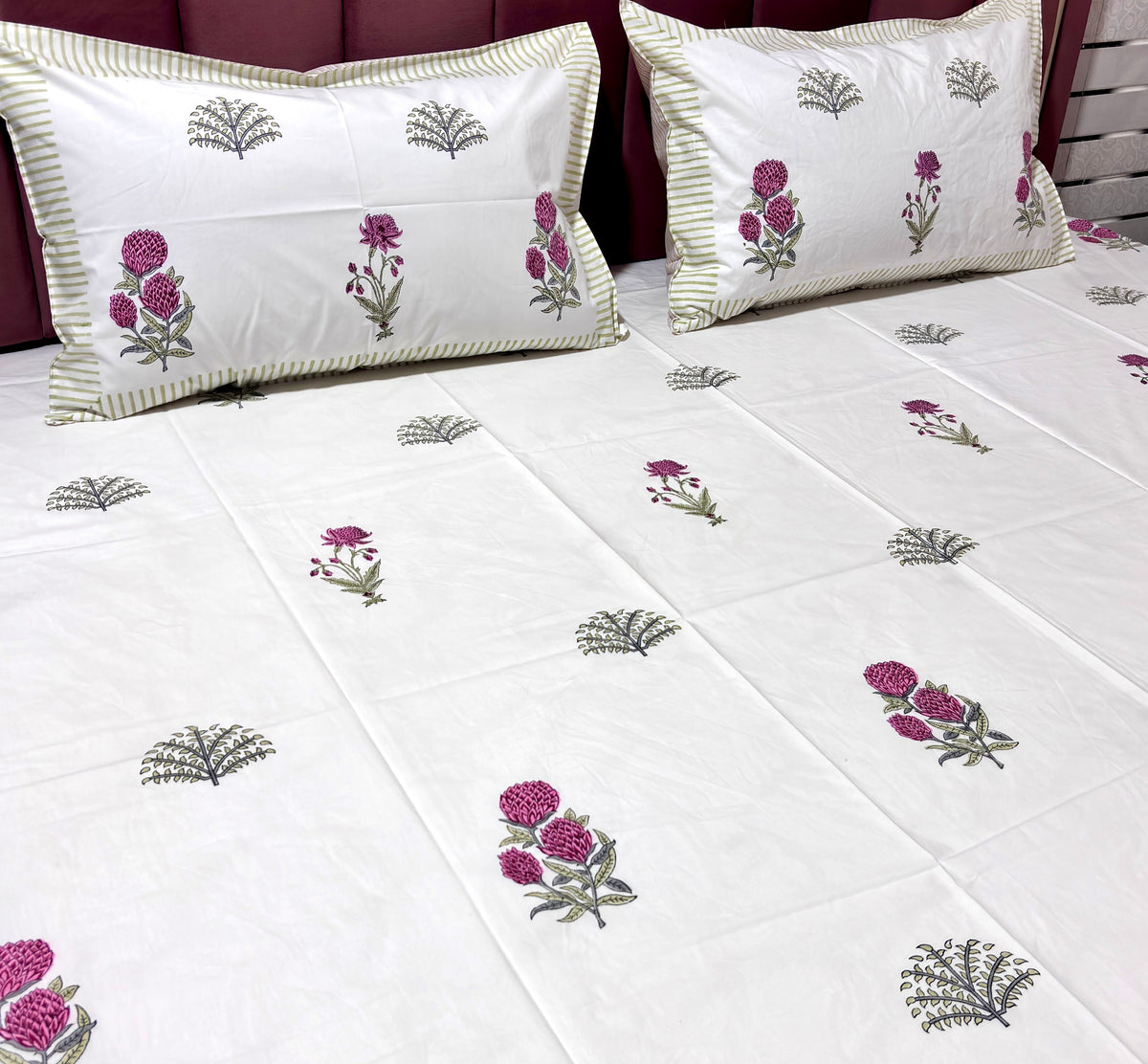 White Floral Cotton Bedsheet | Pink Flower & Green Botanical Printed Double Bed Sheet | Elegant Indian Floral Bedding | King Size