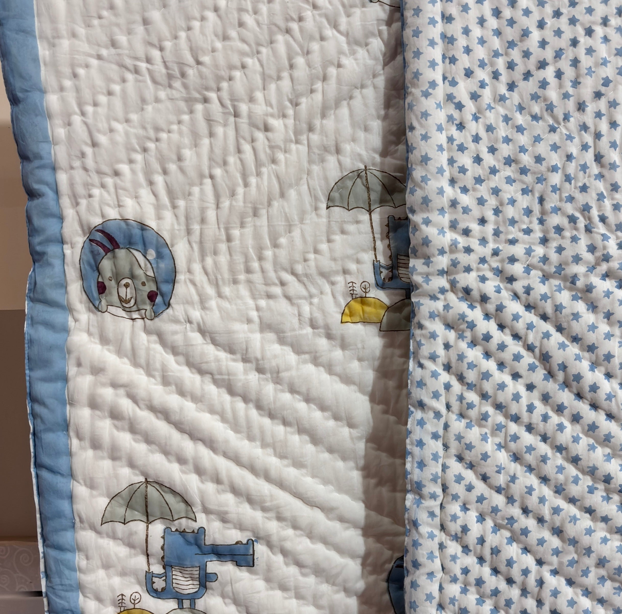Hand Block Printed Baby Quilt | Airplane Cotton Baby Quilt | Handmade Reversible Baby Blanket | Soft Nursery Quilt