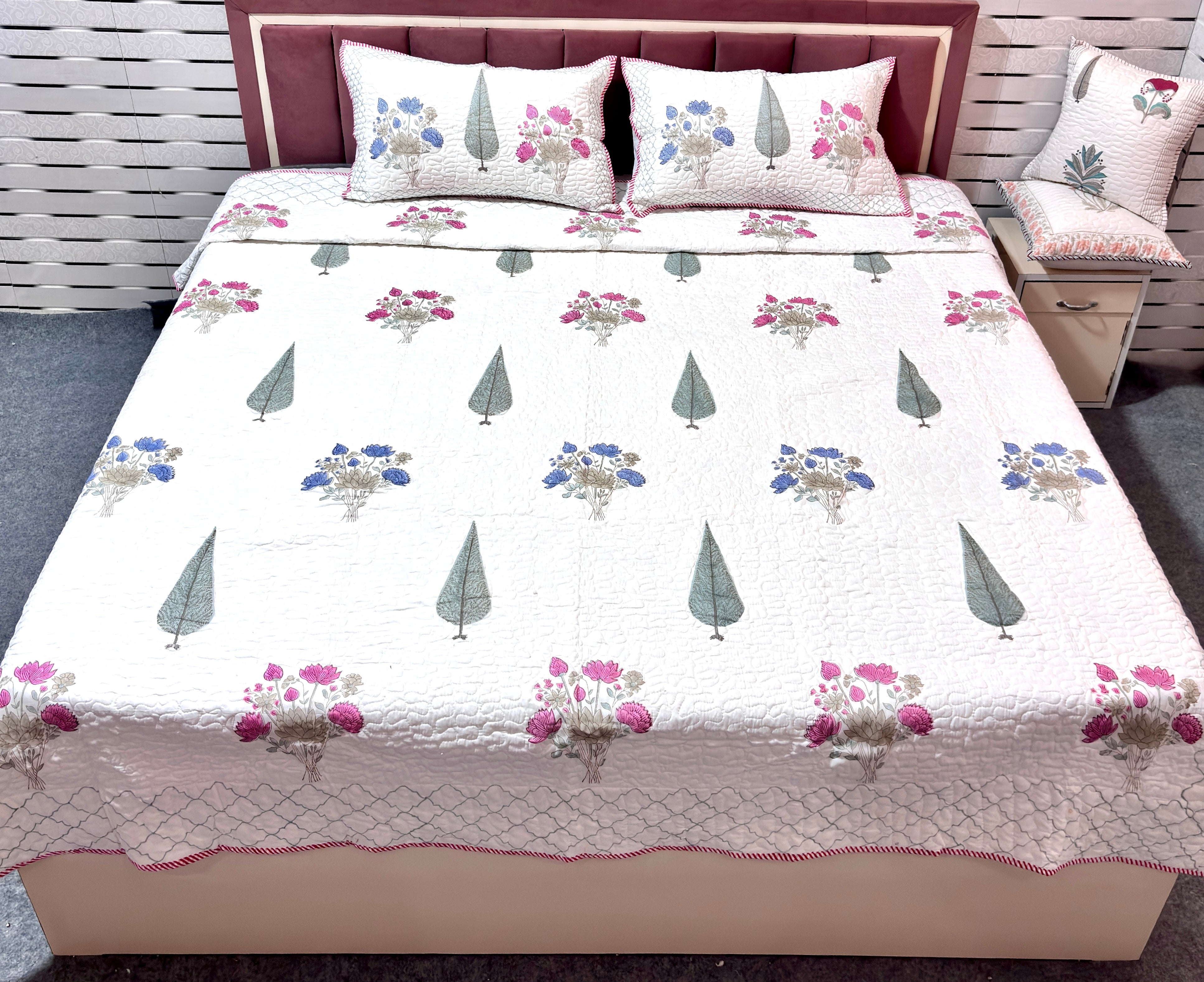Premium Floral Quilted Bedcover Set with Pillow Covers – Soft Cotton Double Bedspread for Home Decor