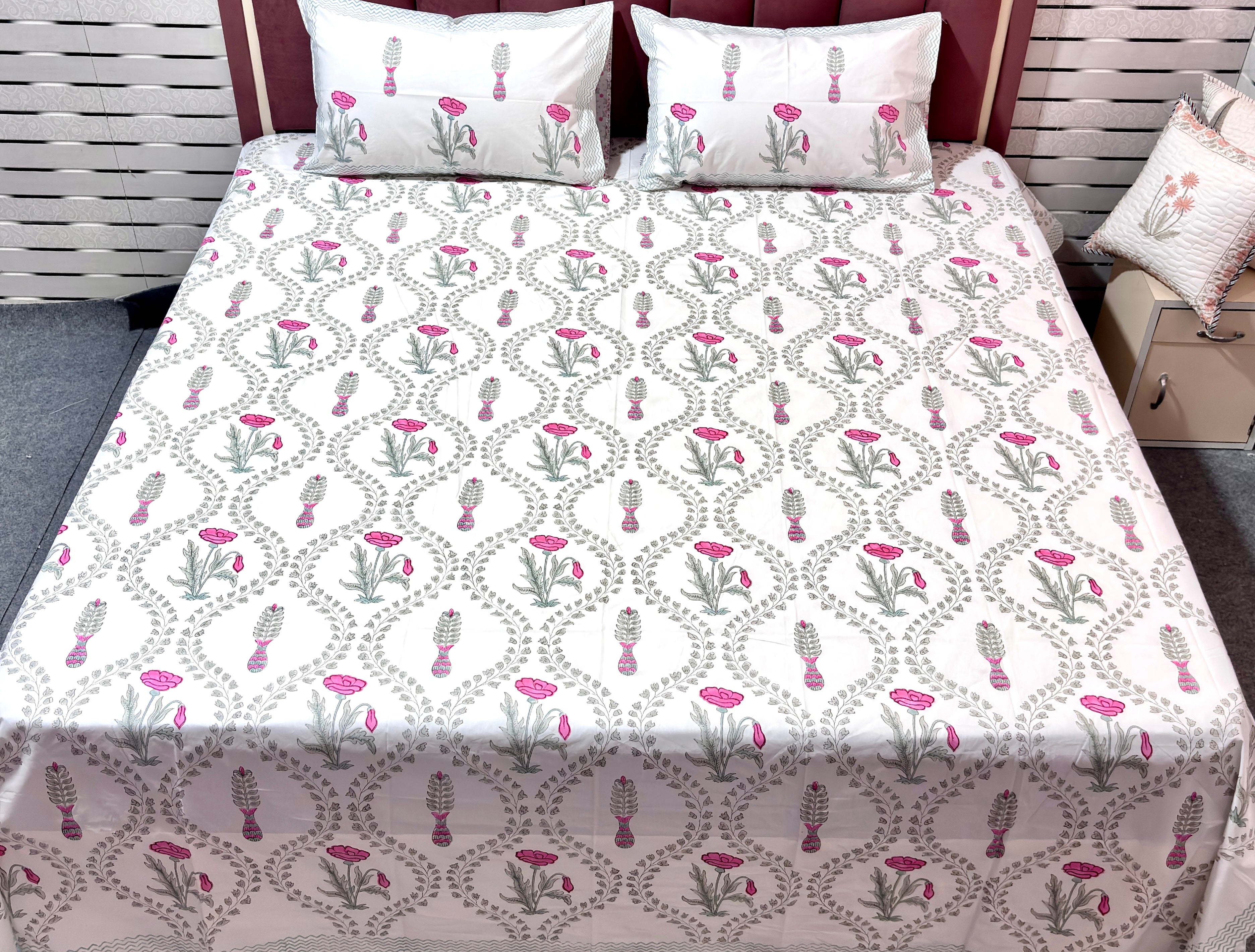 Hand Block Printed Cotton Bedsheet | Floral Pink & Grey Double Bedsheet | 108 x 108 Inch