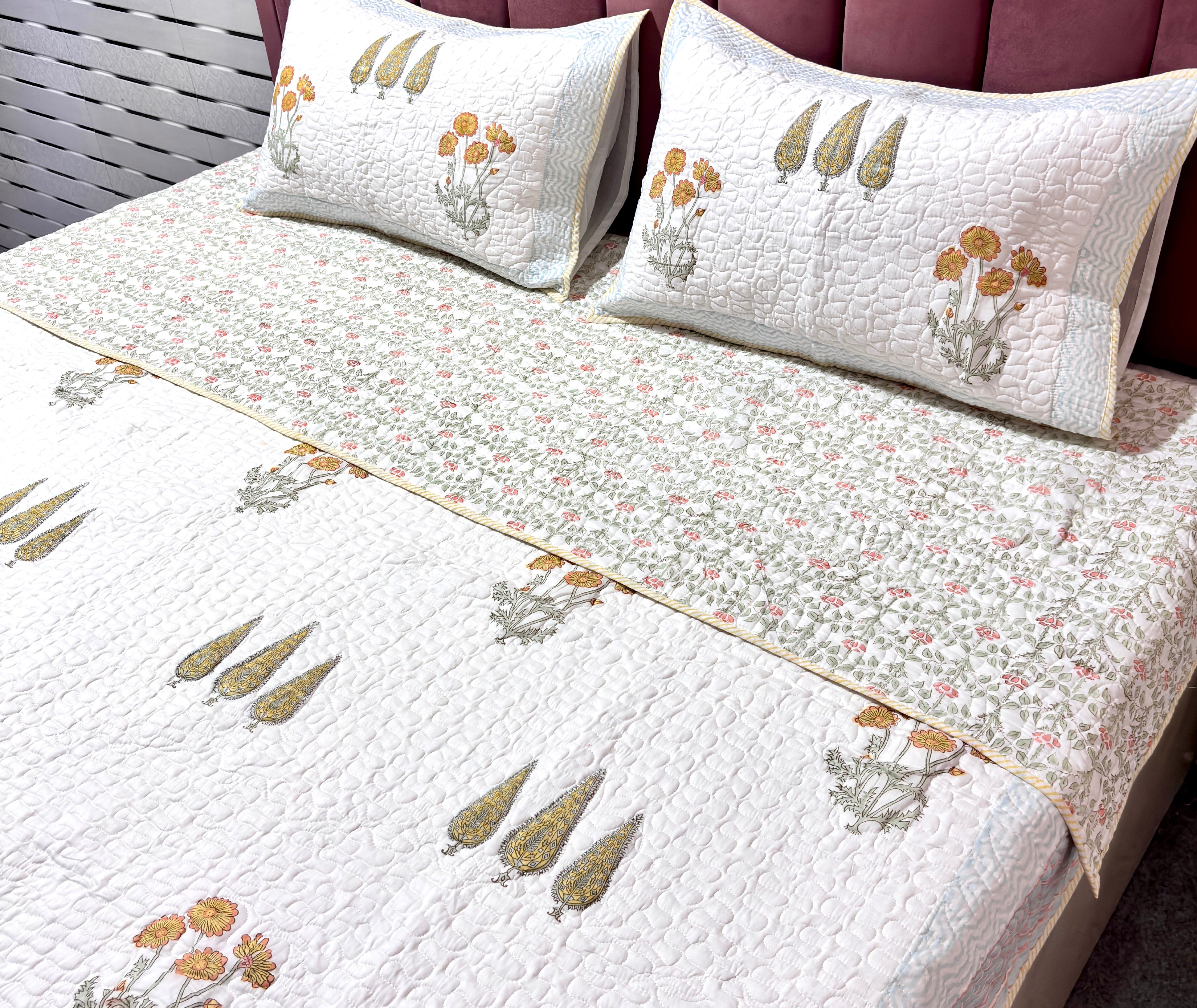 Floral Cotton Bedcover | Hand Block Printed Quilted Bedspread | Handmade Cotton Bed Cover | Floral Bedding