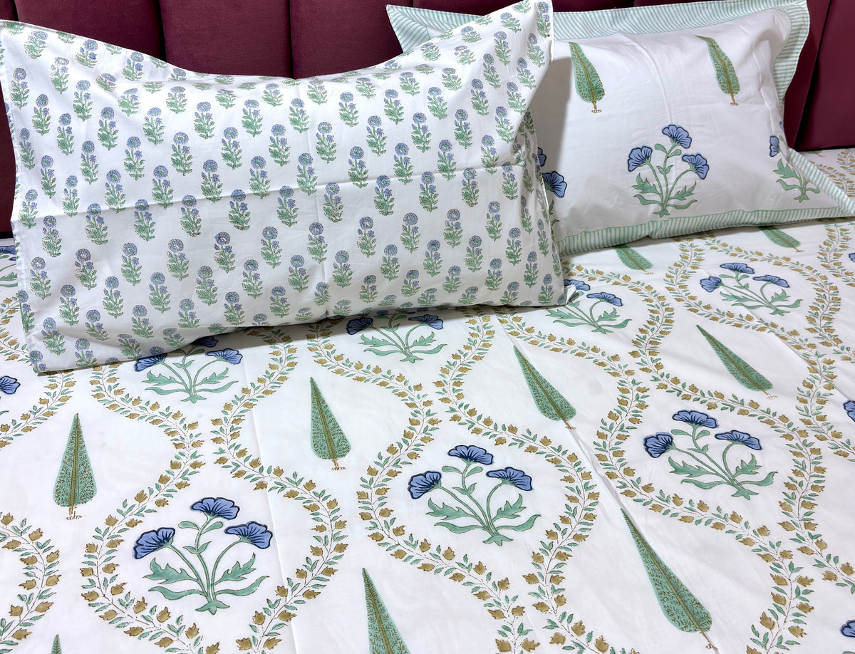 White Blue Floral Cotton Bedsheet | Green Leaf Printed Double Bed Sheet | Elegant Indian Floral Bedding |  King Size