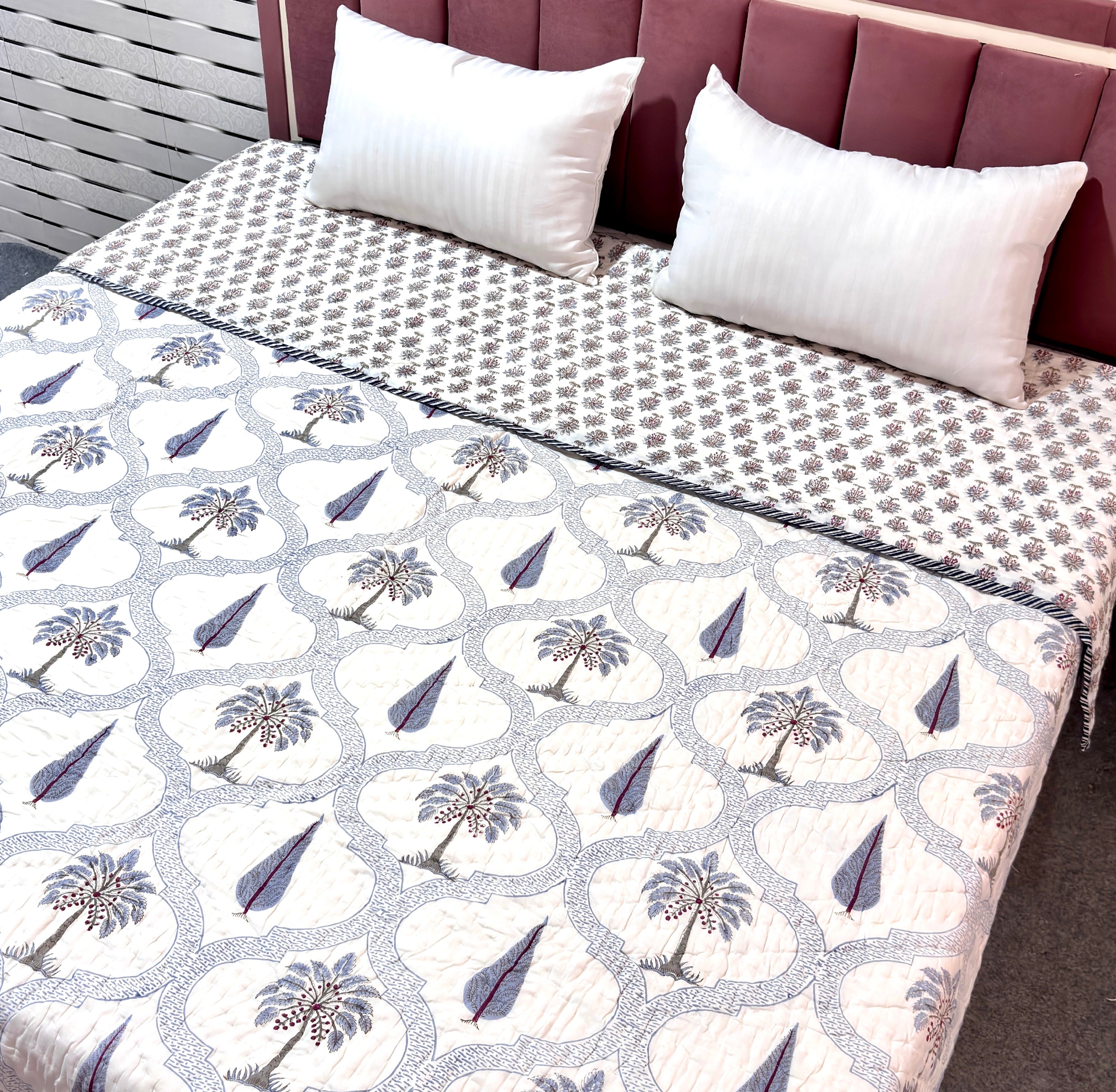 White Blue Floral Cotton Quilt | Printed Reversible Bedspread | Queen Size