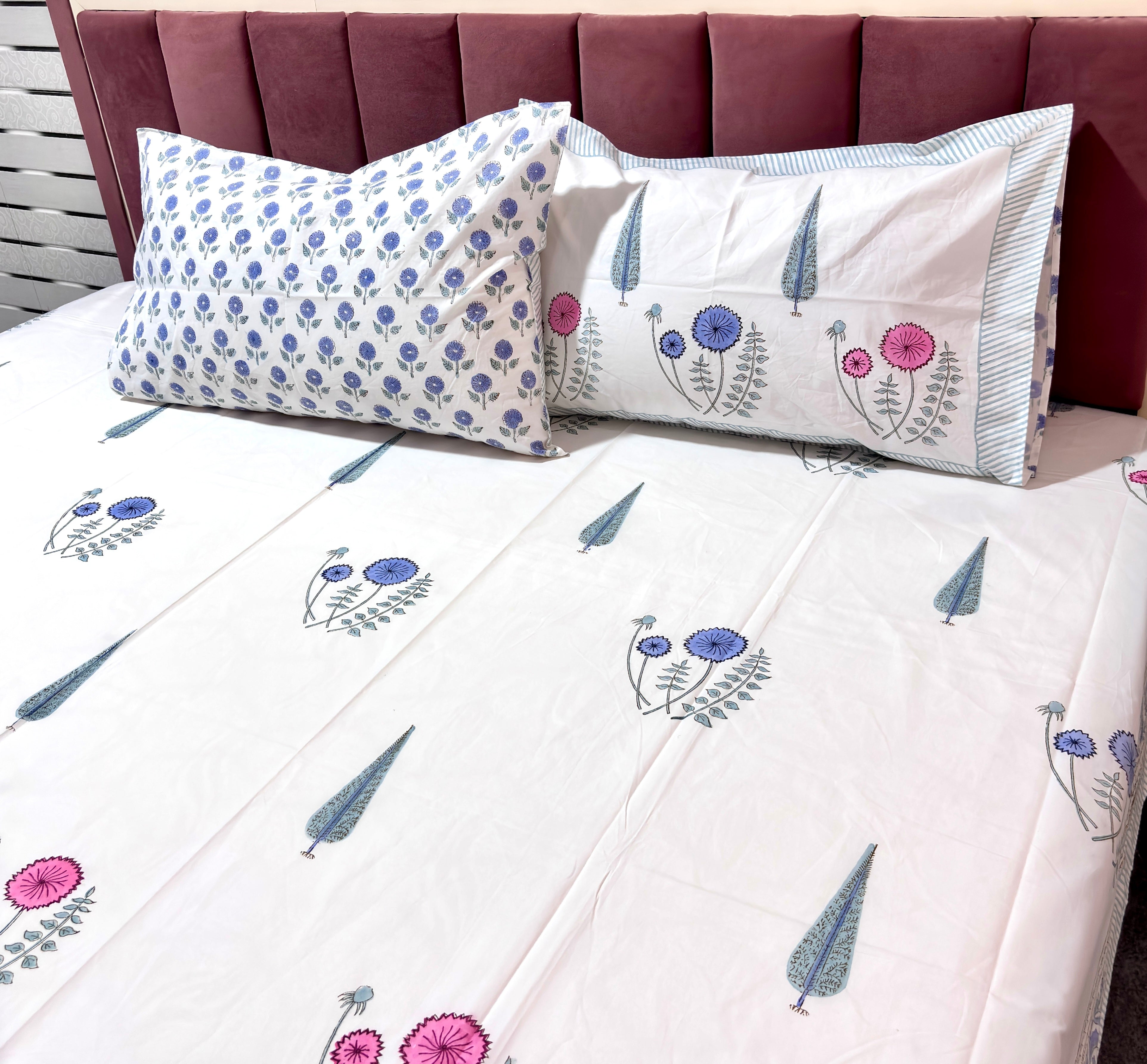 Blue Pink Floral Print Cotton Bedsheet | Hand Block Printed Double Bed Sheet | White Botanical Bedsheet | 108 x 108 Inch