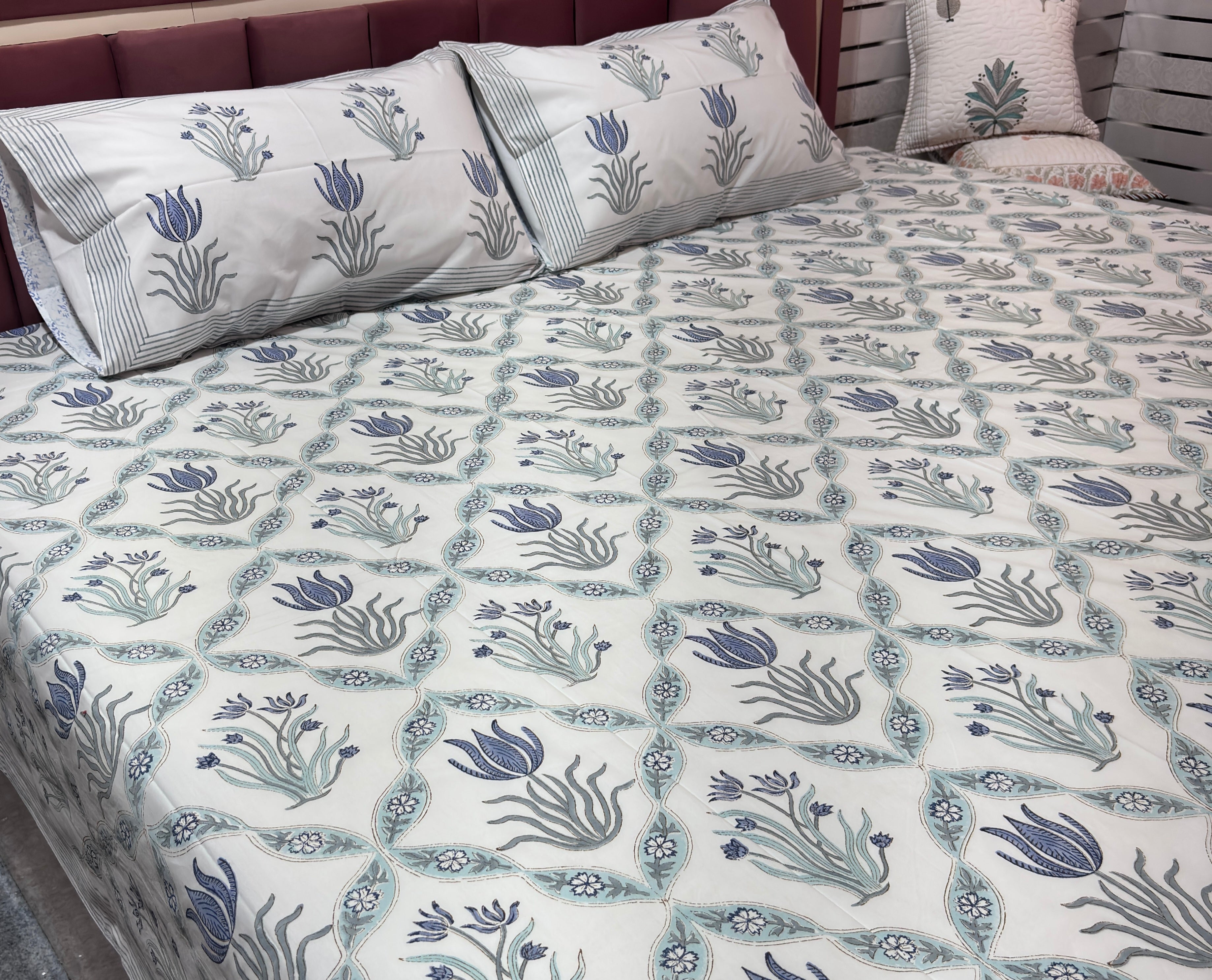 Blue floral handblock printed cotton bedsheet