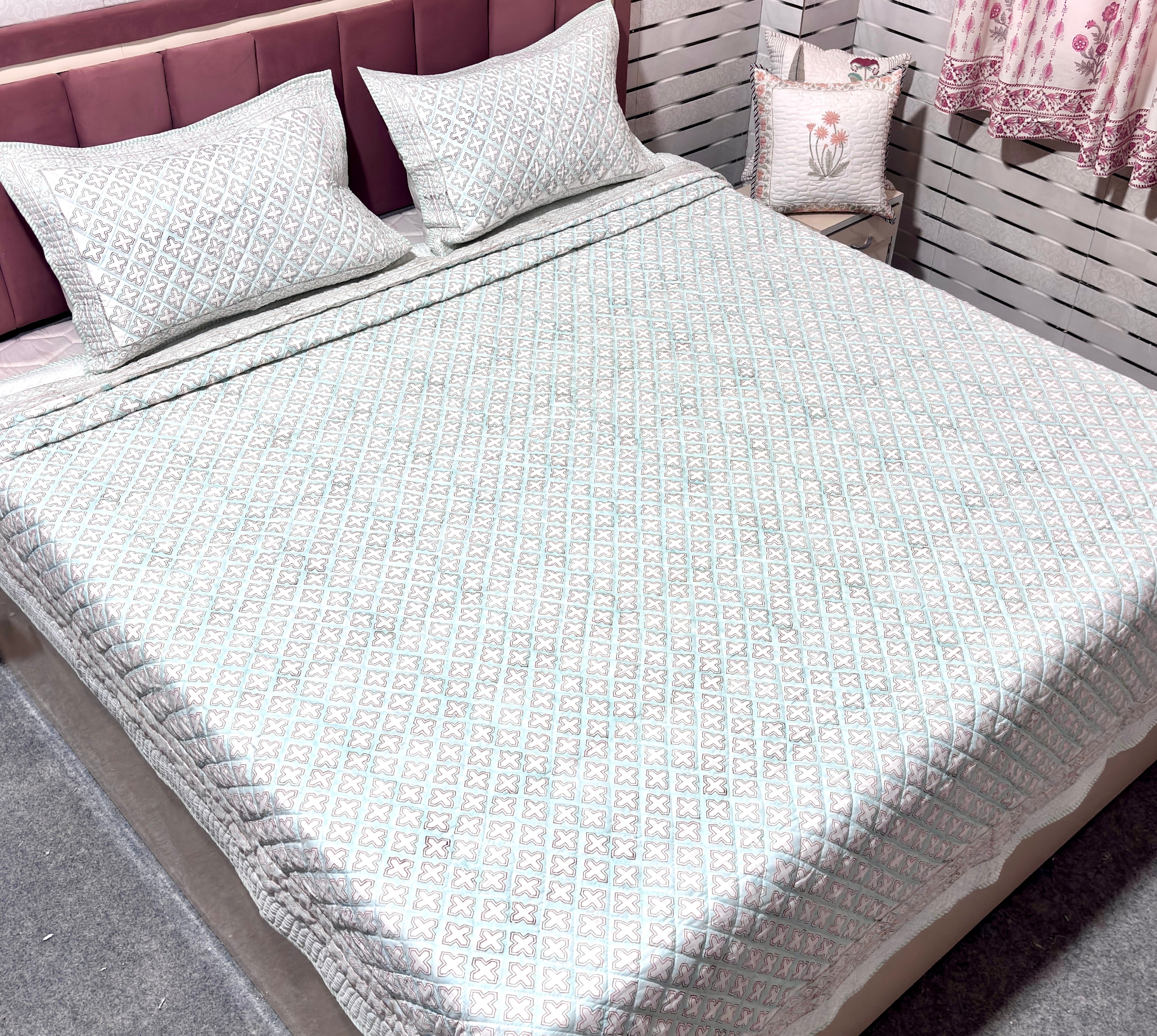 White Aqua Blue & Pink Geometric Quilted Bedcover | Cotton Bedspread | Hand Block Printed Handmade Bed Cover | Lightweight Bedding