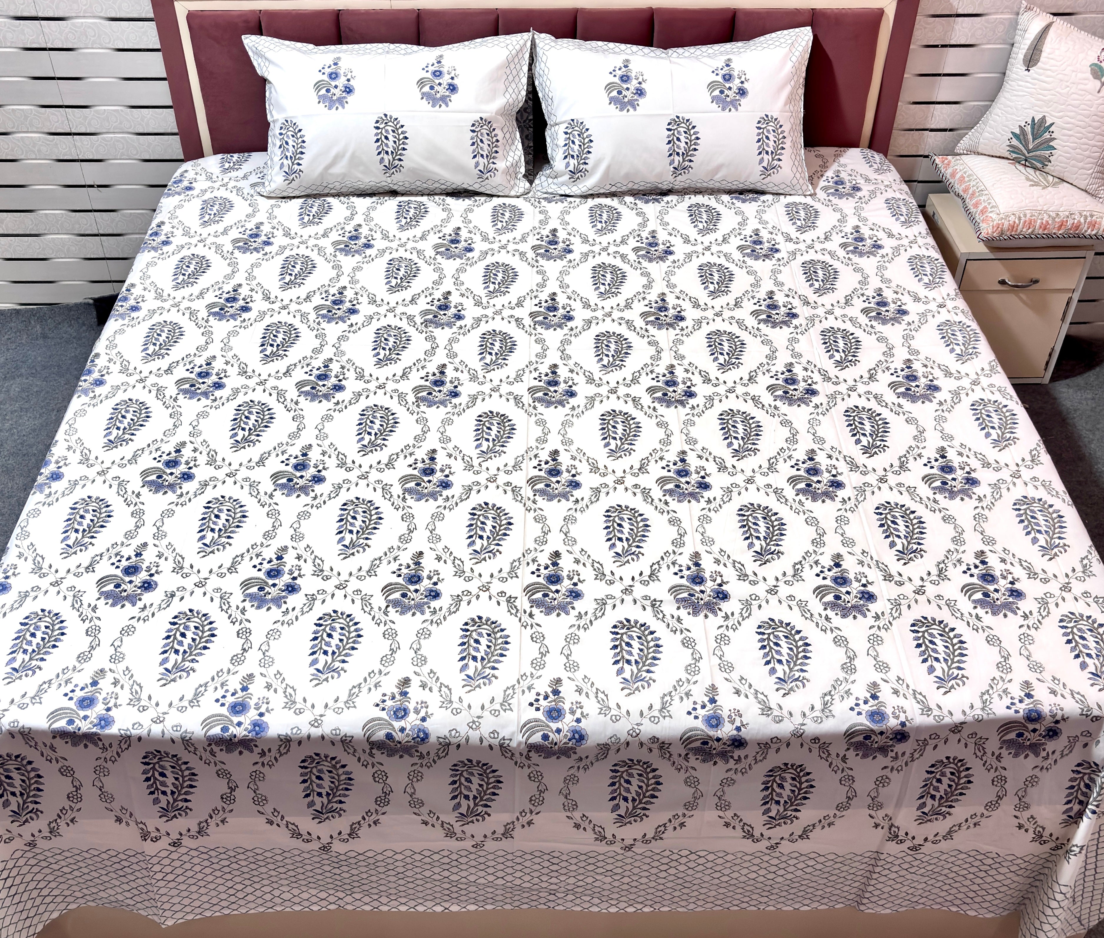 Premium Blue Floral Cotton Bedsheet with Pillow Covers for Double Bed | Soft & Stylish Bedding Set