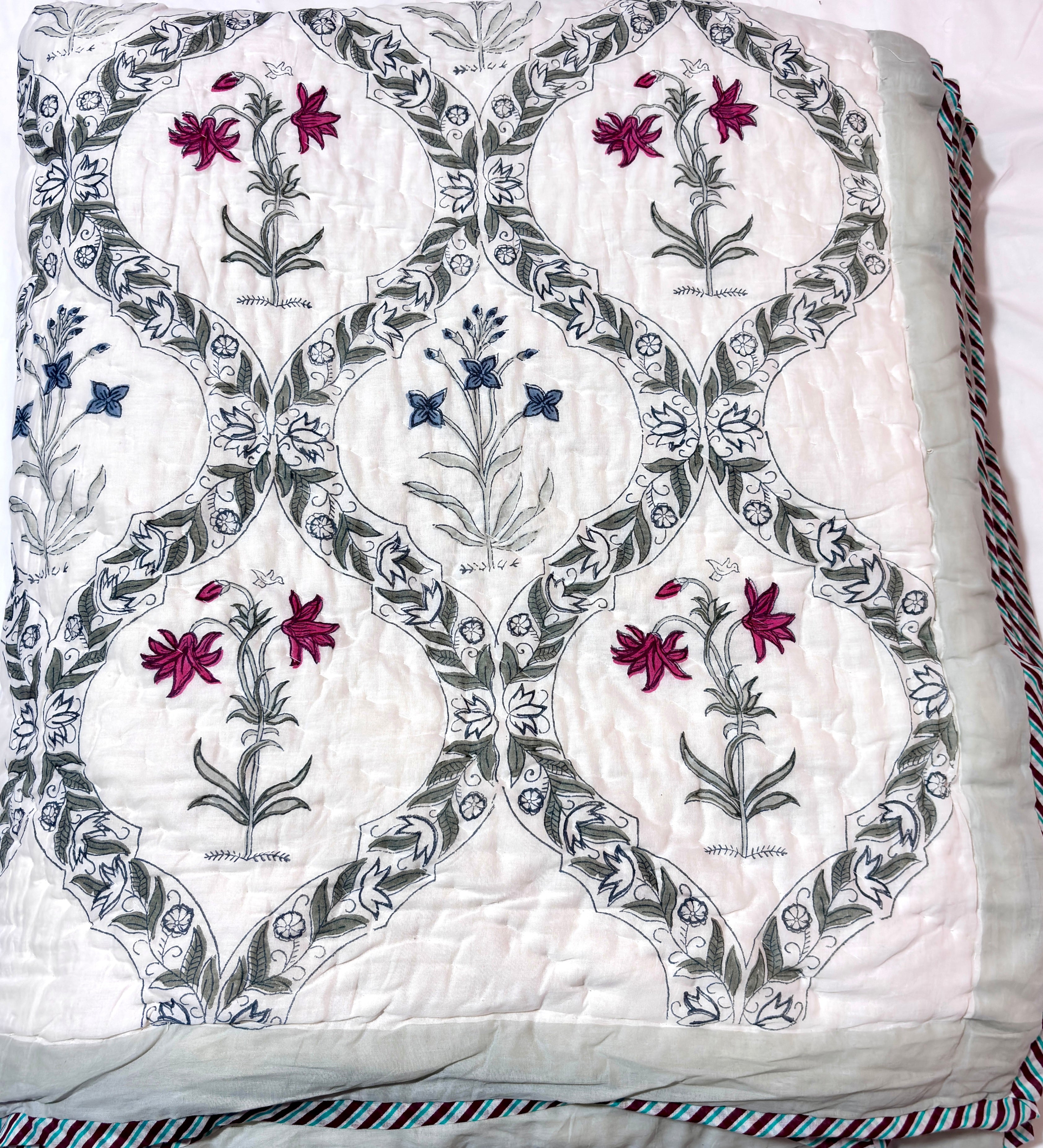 Floral Printed Cotton Quilt | Pink & Blue Floral Bed Quilt | Handmade Indian Cotton Quilt | Reversible Bedding