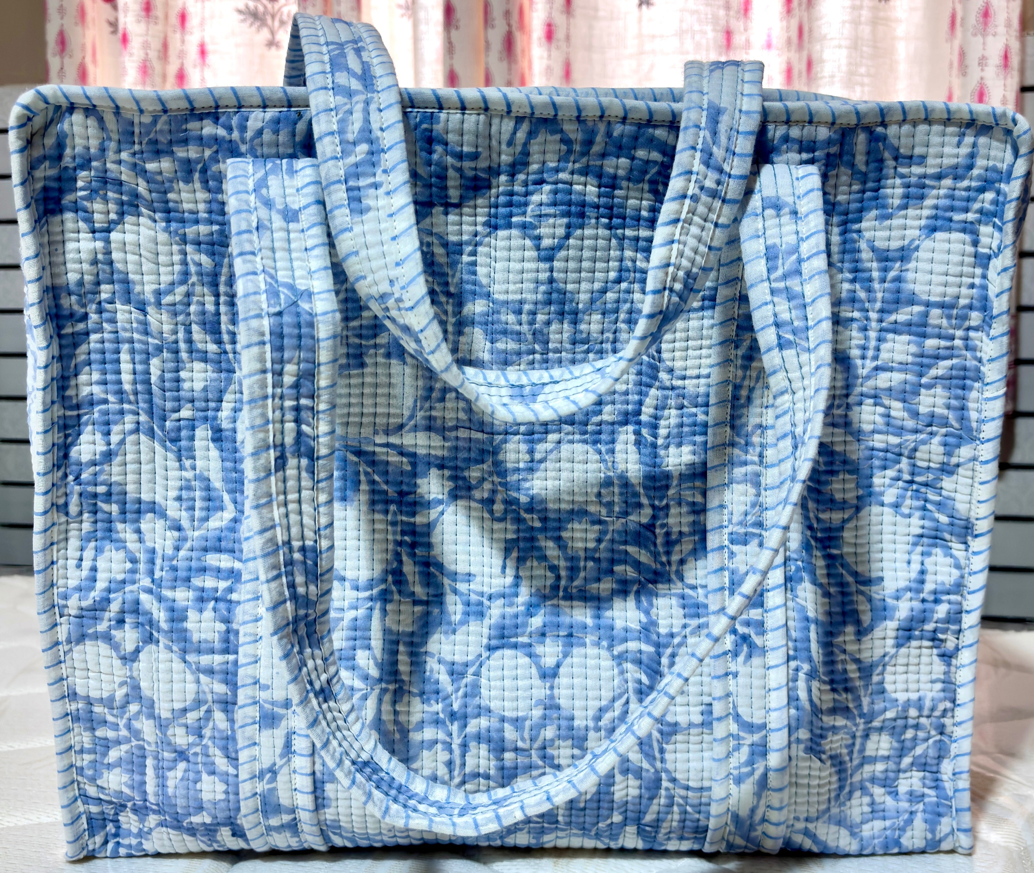 Blue Floral Quilted Tote Bag, Handmade Cotton Handbag, Indian Block Print Shoulder Bag, Reusable Shopping Tote, Beach Bag