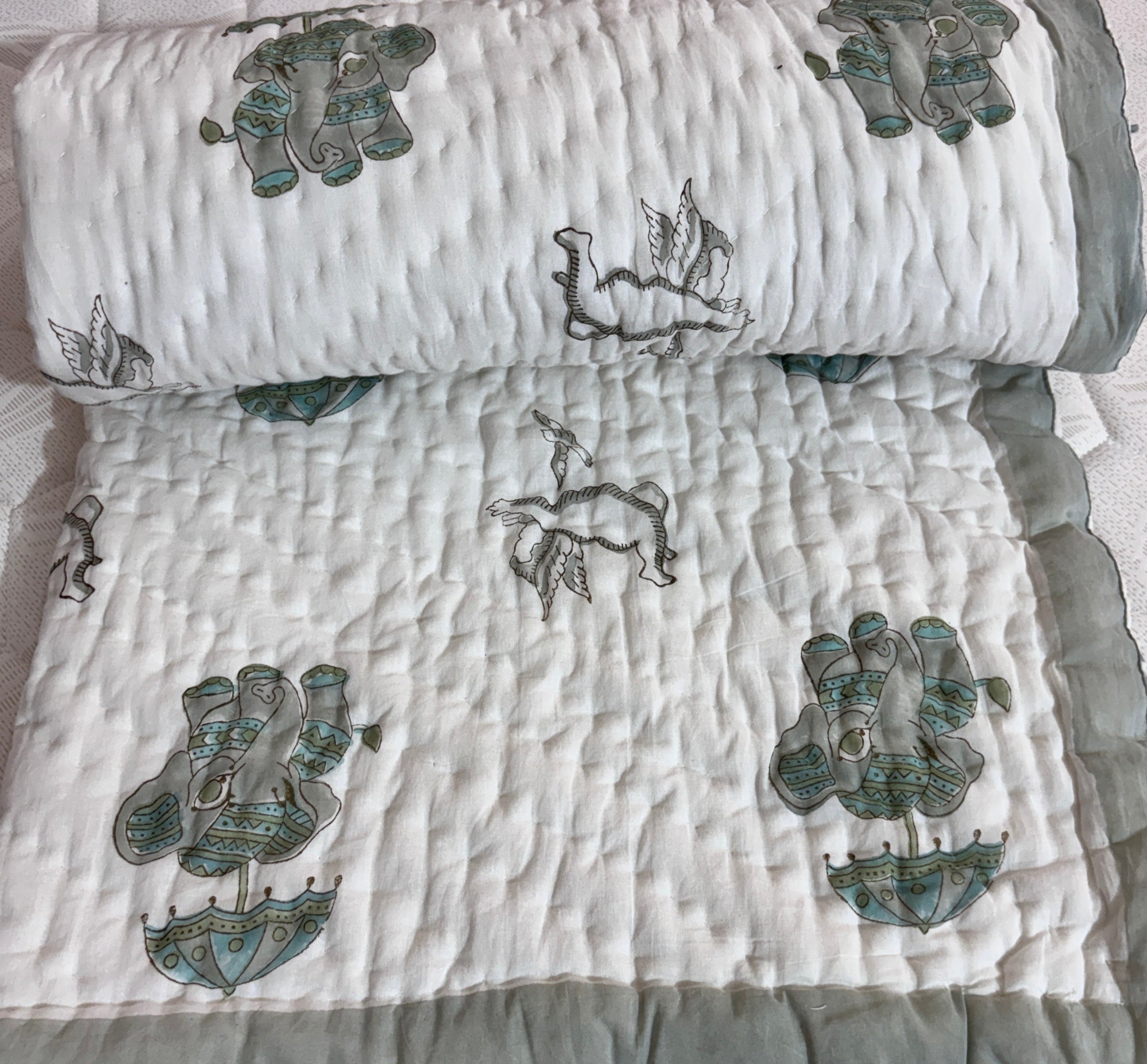 Hand Block Printed Baby Quilt | Elephant & Unicorn Cotton Baby Quilt | Handmade Reversible Baby Blanket | Soft Nursery Bedding | Toddler Quilt