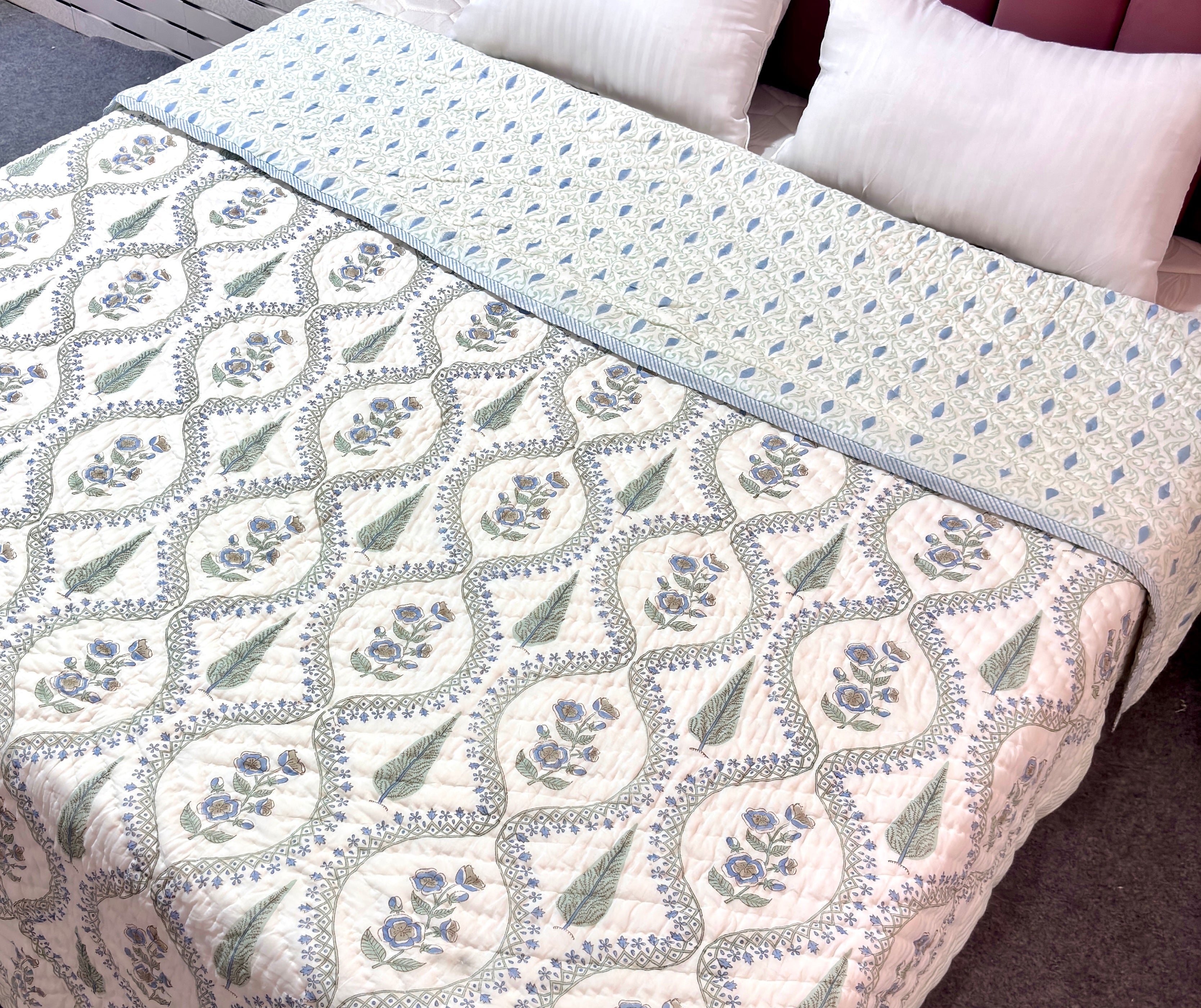 Green Floral Hand Block Print Cotton Quilt, Reversible Jaipuri Razai, Handmade Indian Quilt, Boho Bedding, Soft Cotton Bedspread, Queen Size Quilt