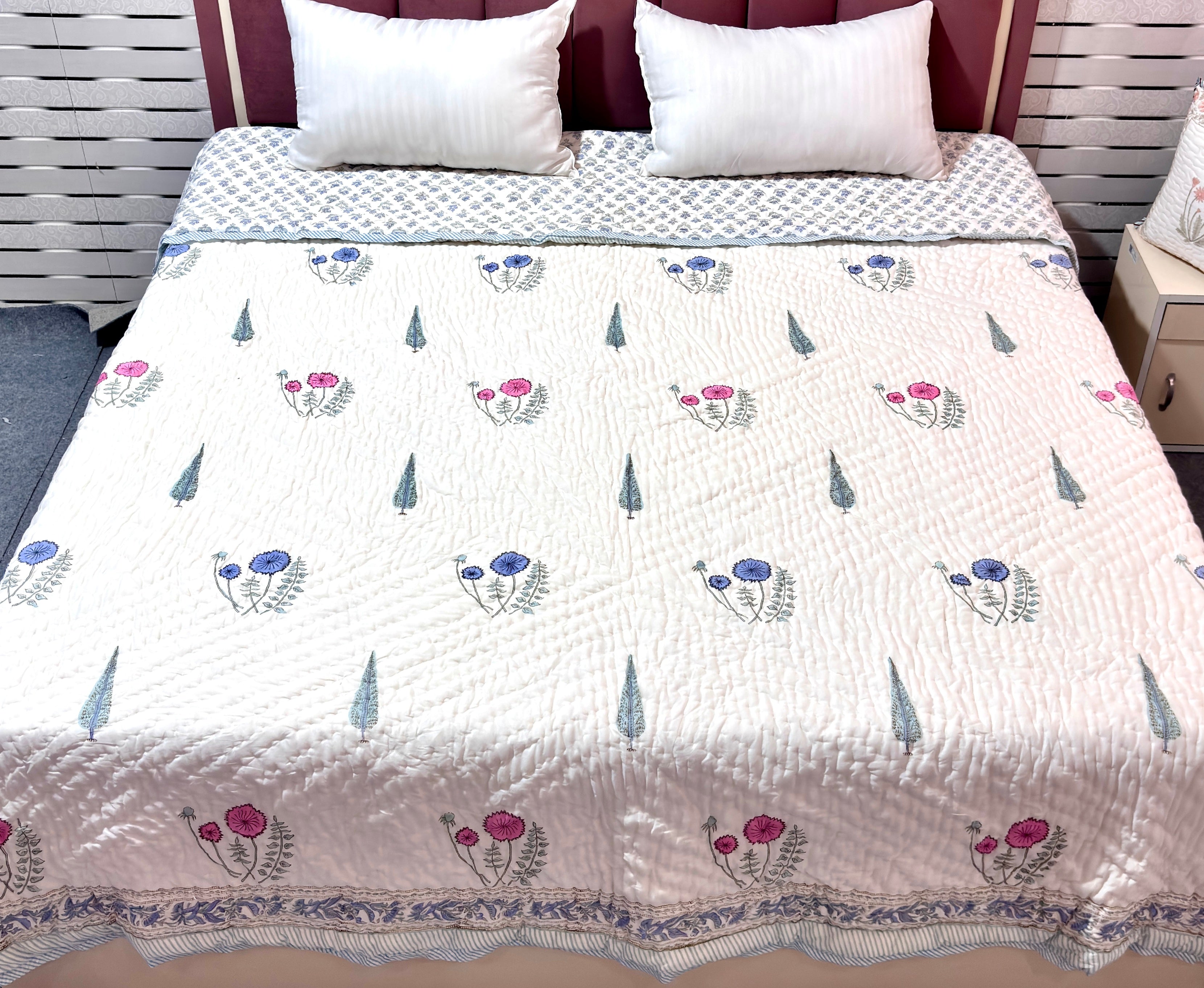 White Pink Floral Cotton Quilt | Reversible Hand Block Printed Quilt | Blue Floral Quilted Bedspread | Lightweight Summer Quilt