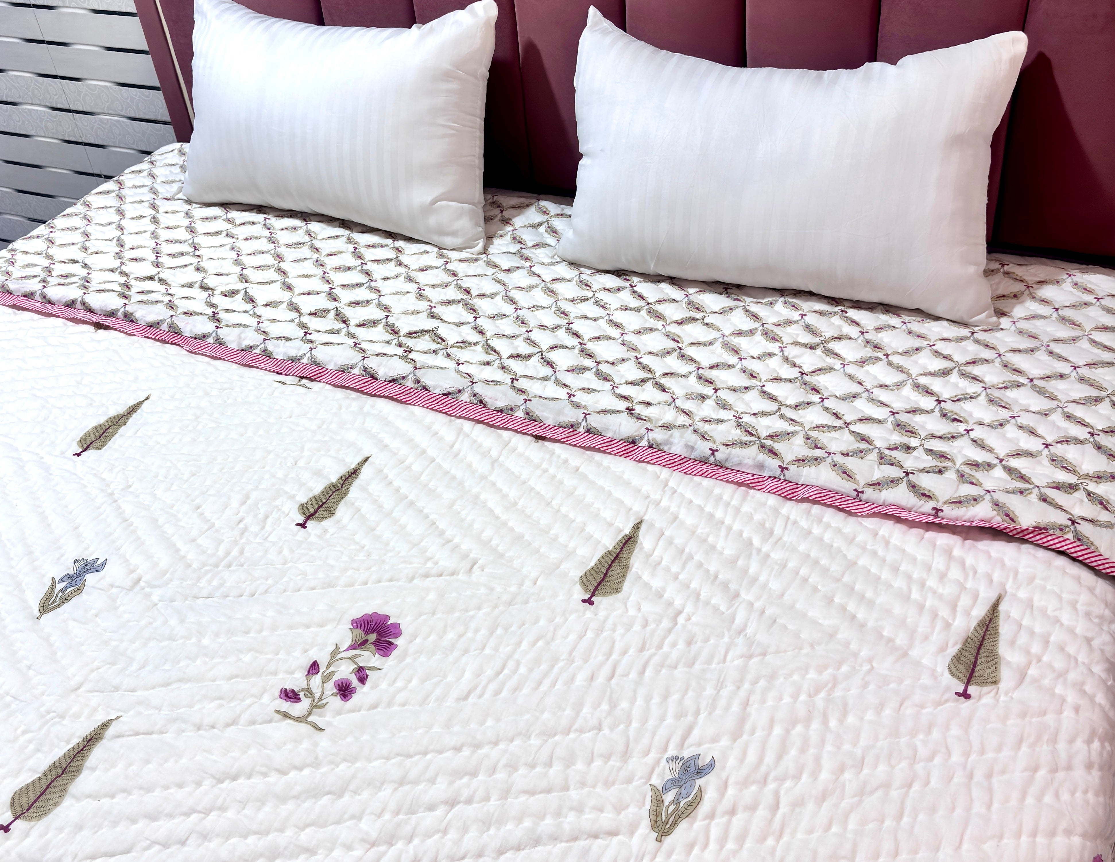 White Floral Cotton Quilt Queen Size | Printed Geometric Botanical Quilted Bedspread | Soft Lightweight Indian Cotton Bed Cover for Bedroom Decor