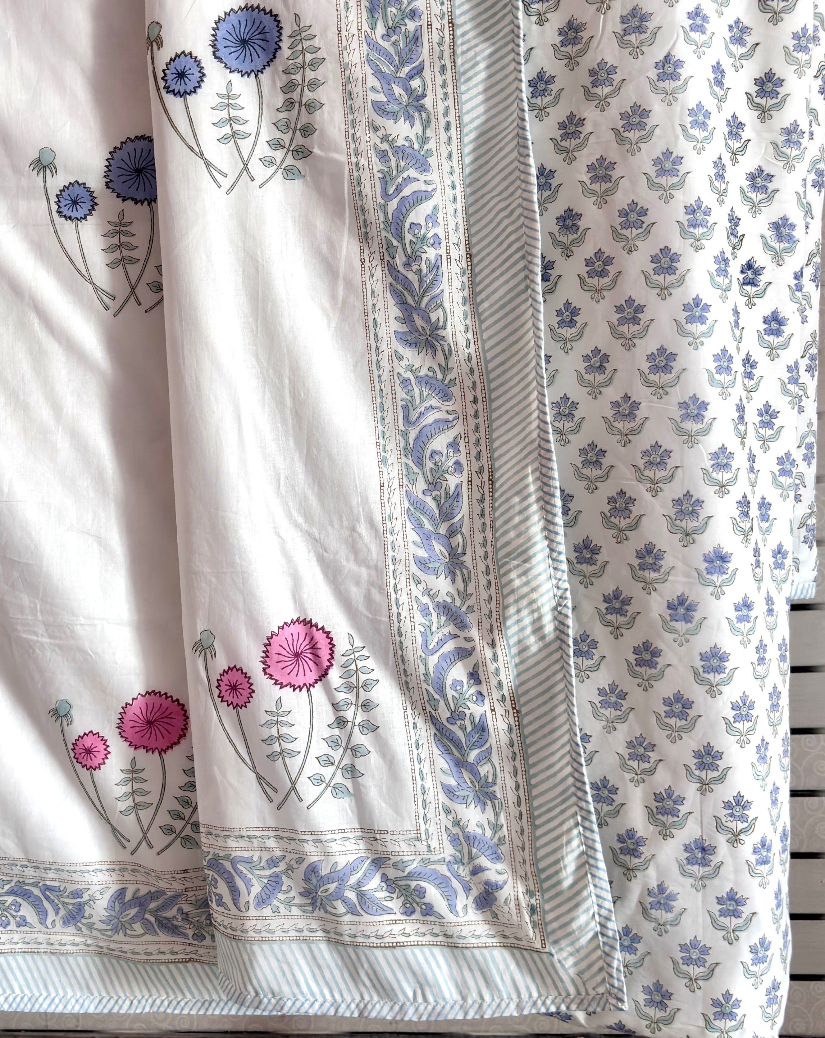 White Blue Floral Cotton Dohar | Soft Summer Dohar | Hand Block Printed Jaipuri Dohar | Lightweight AC Blanket | Handmade Bedding
