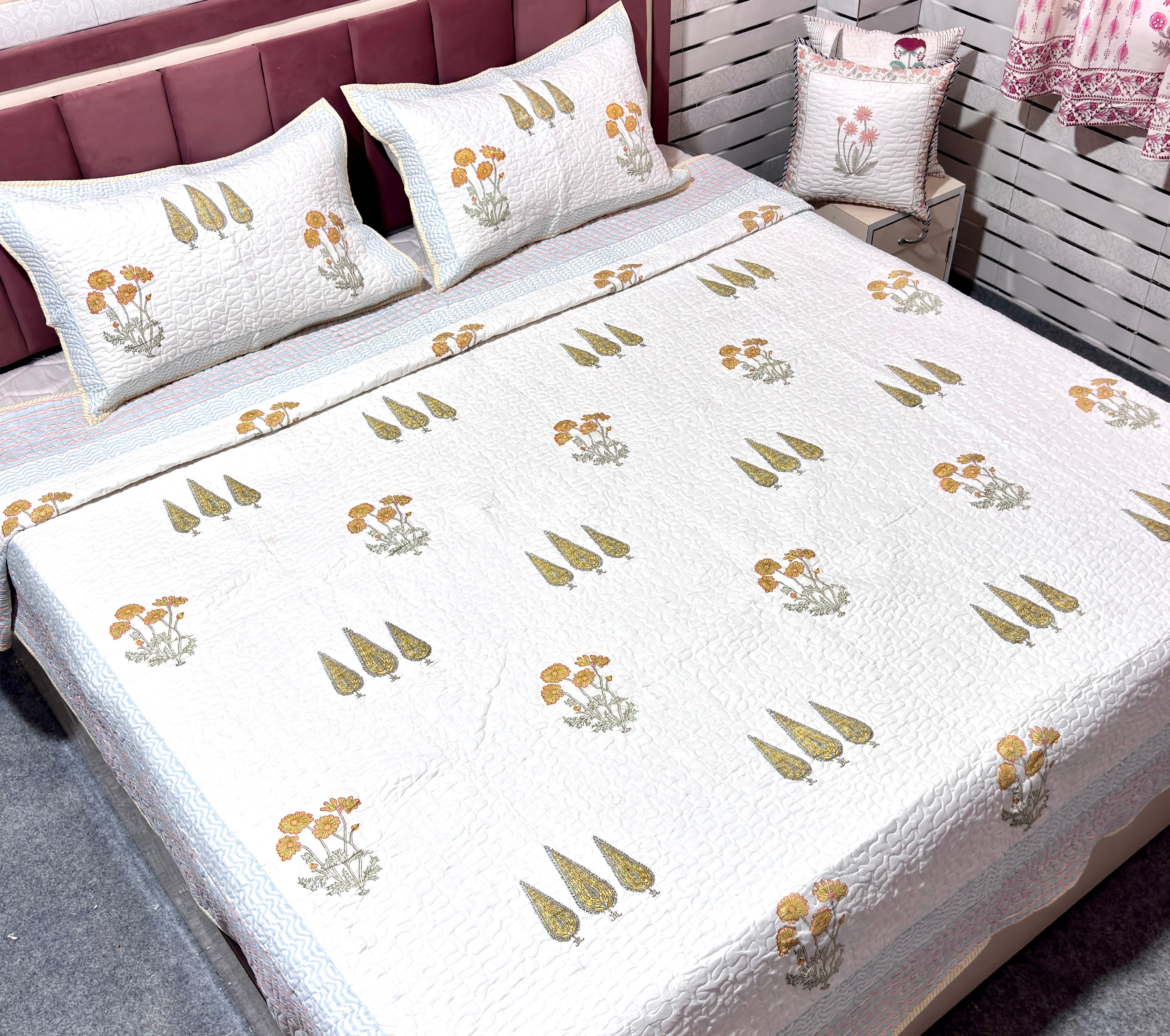 Floral Cotton Bedcover | Hand Block Printed Quilted Bedspread | Handmade Cotton Bed Cover | Floral Bedding