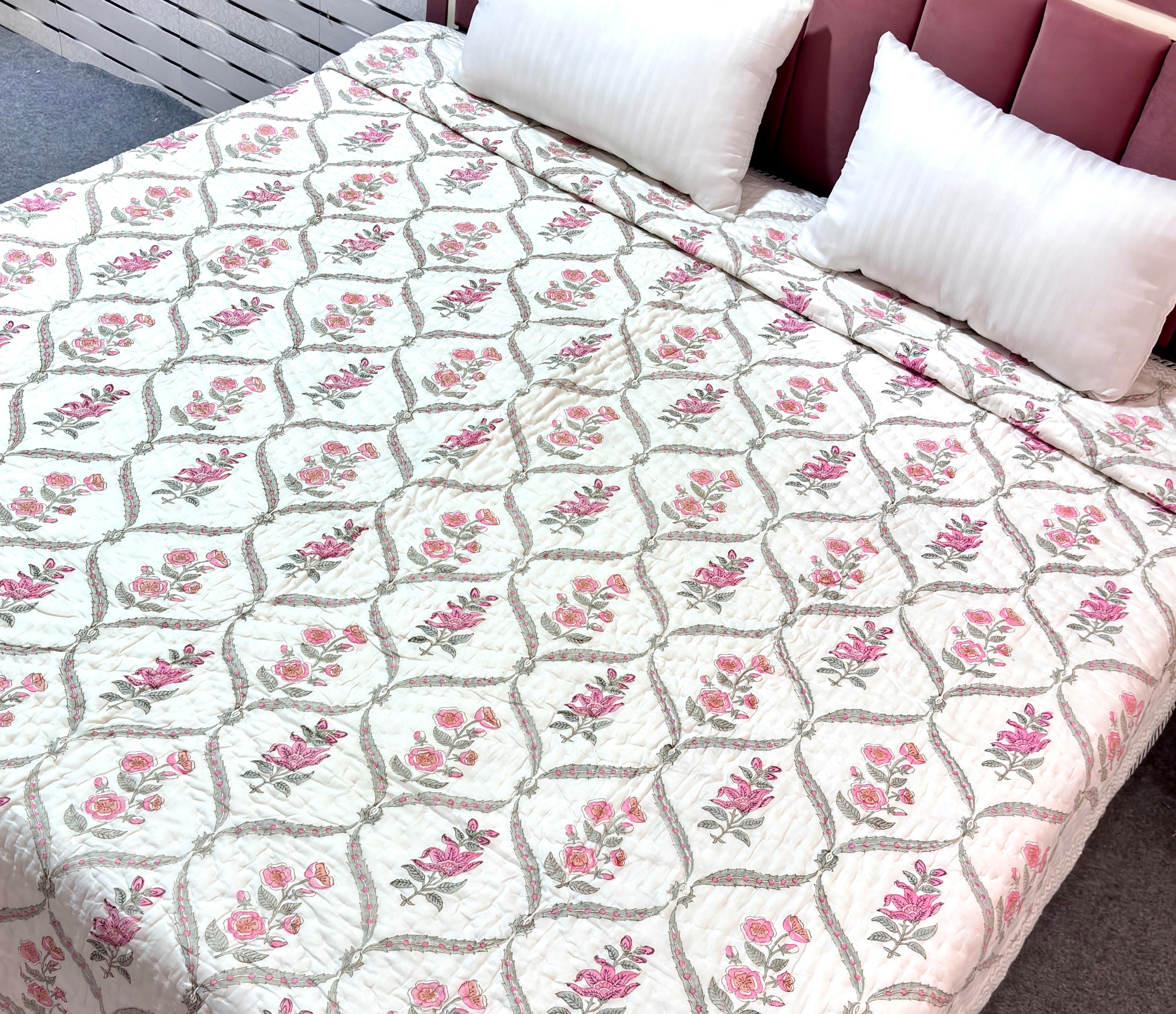 Floral Cotton Quilt | Pink Rose & Leaf Printed Bed Quilt | Traditional Indian Cotton Bedspread | Handmade Bedding