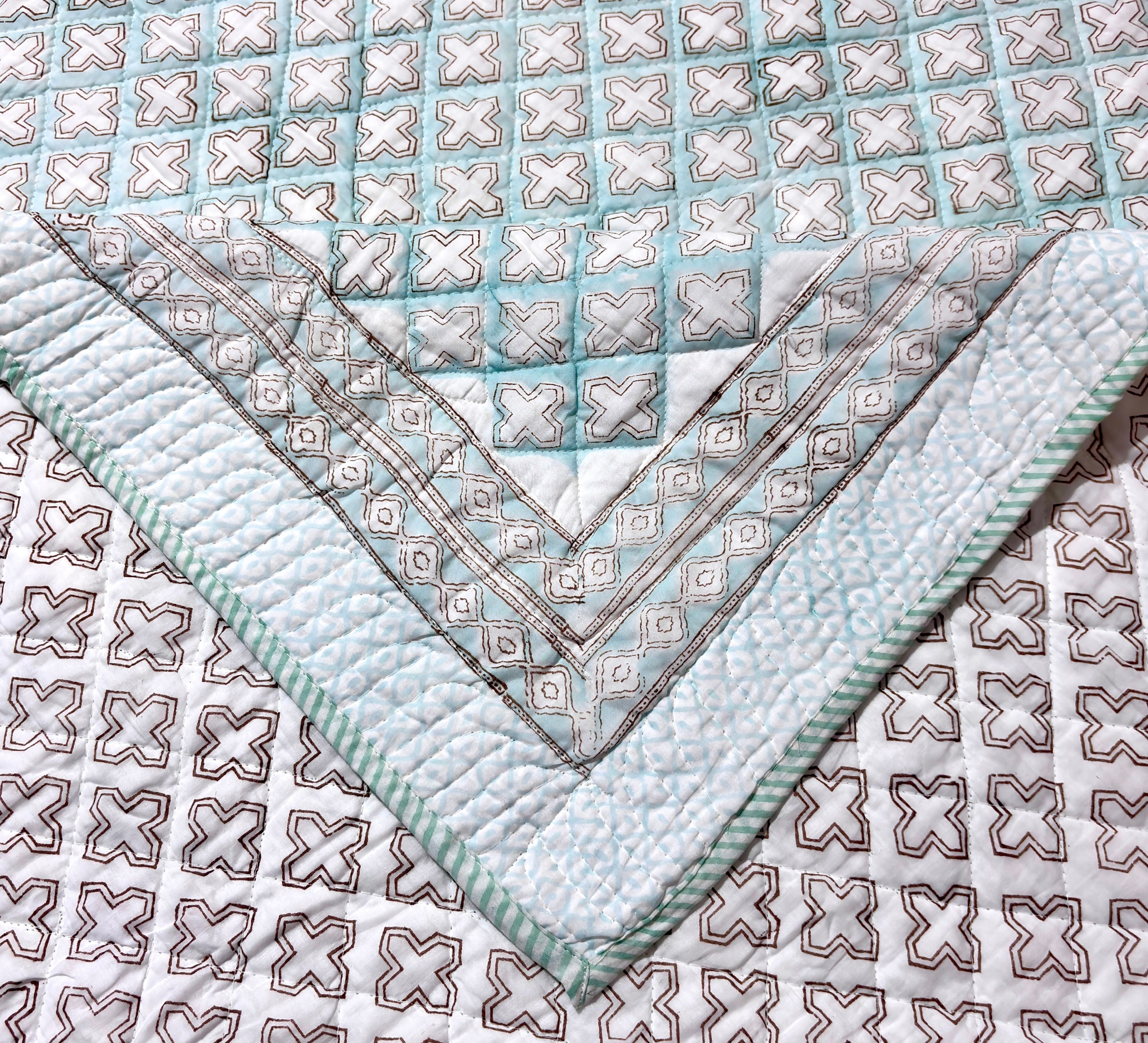 White Aqua Blue & Pink Geometric Quilted Bedcover | Cotton Bedspread | Hand Block Printed Handmade Bed Cover | Lightweight Bedding
