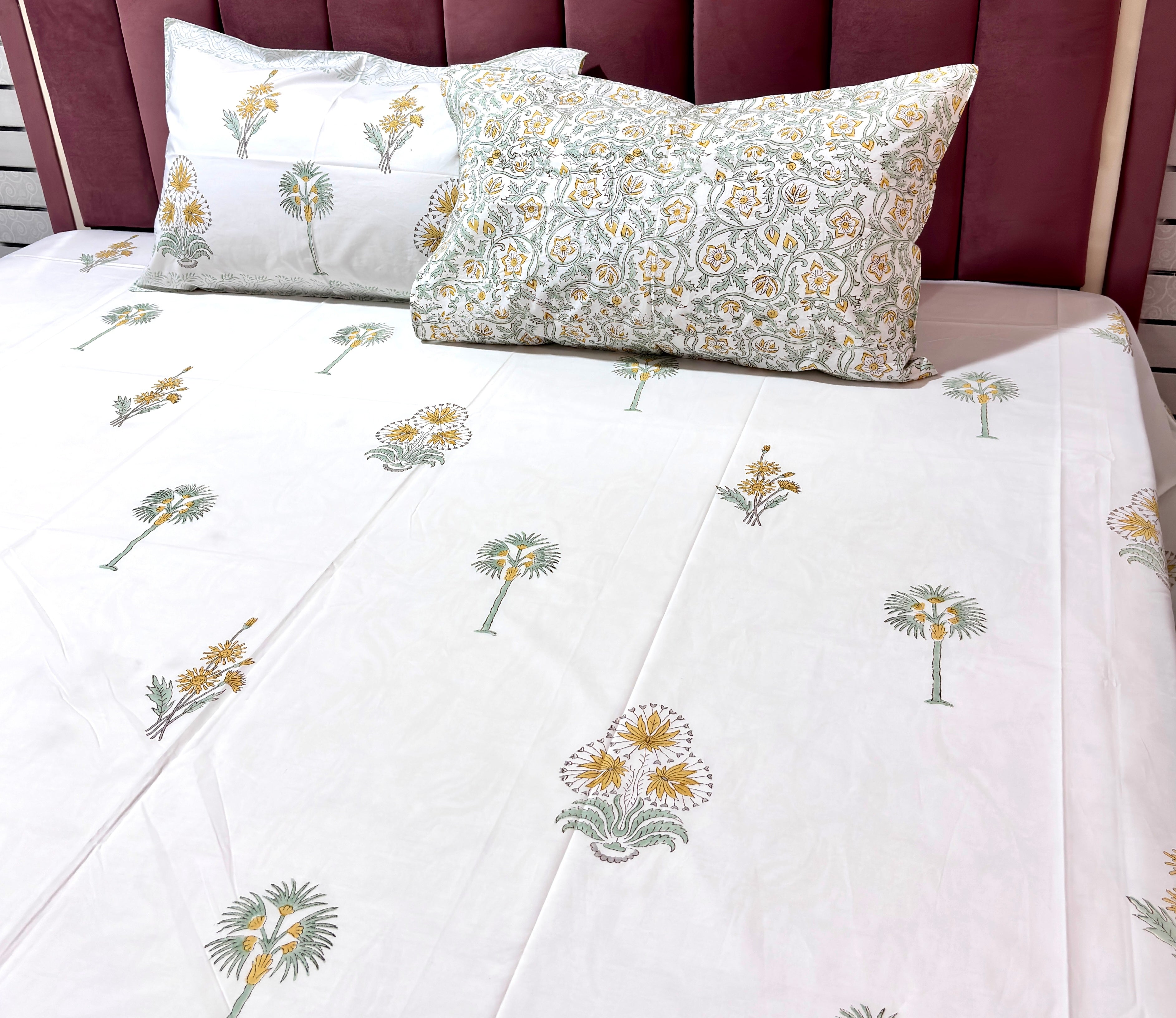 Yellow floral handblock printed king size bedsheet