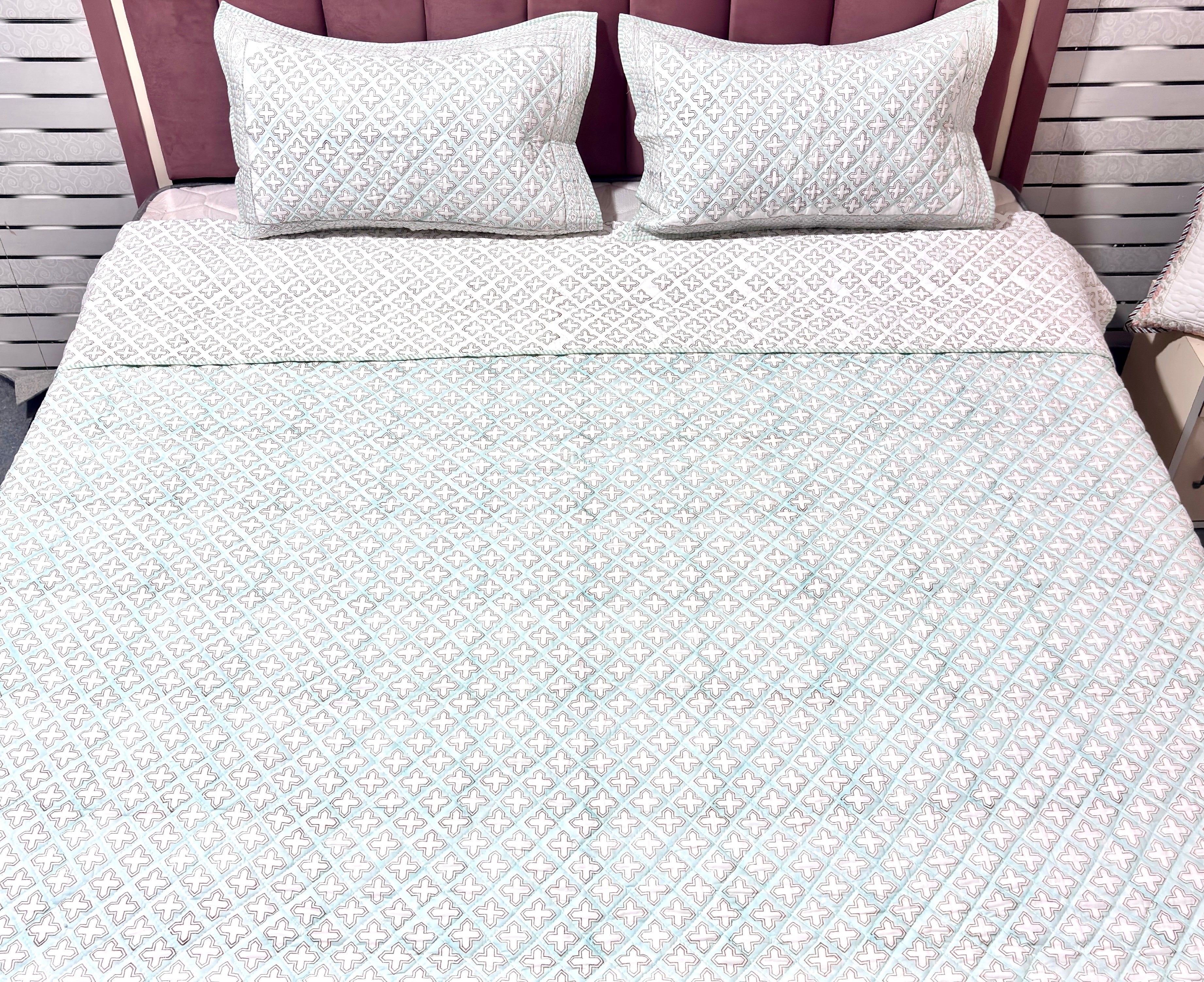 White Aqua Blue & Pink Geometric Quilted Bedcover | Cotton Bedspread | Hand Block Printed Handmade Bed Cover | Lightweight Bedding