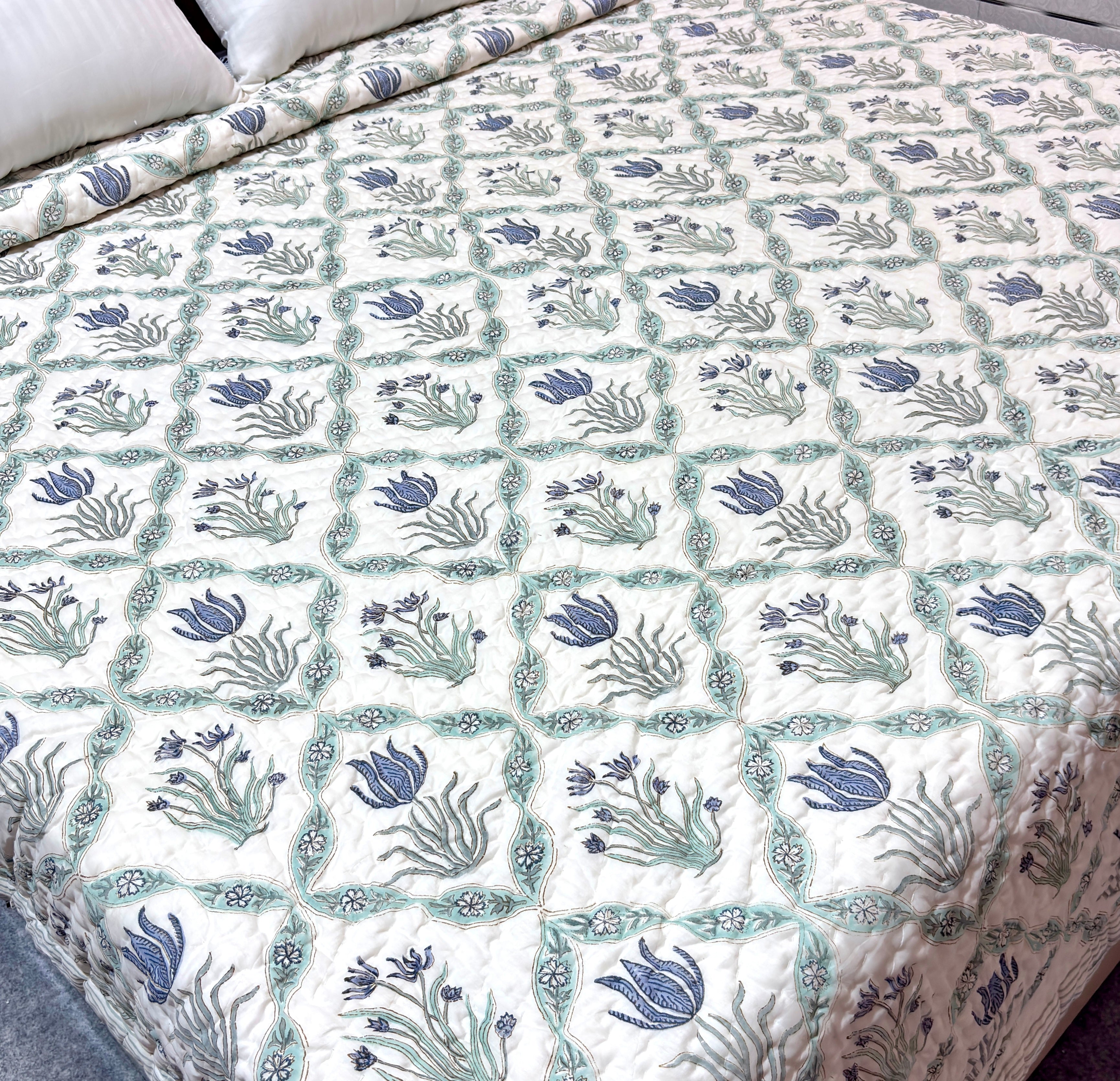 Blue Floral Hand Block Printed Cotton Quilt | Reversible Jaipuri Quilt | Soft Lightweight Bedspread for All Seasons
