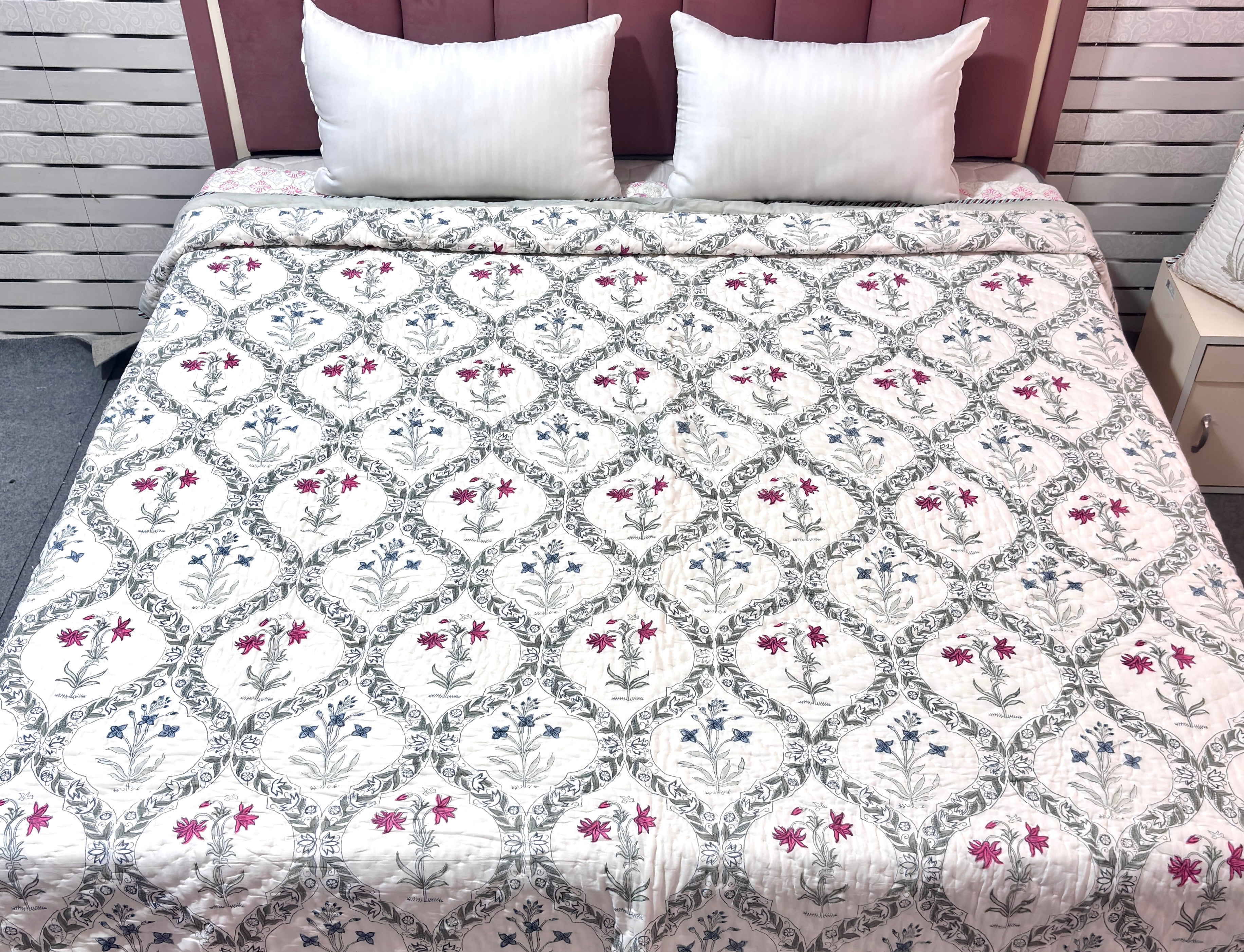 Floral Printed Cotton Quilt | Pink & Blue Floral Bed Quilt | Handmade Indian Cotton Quilt | Reversible Bedding